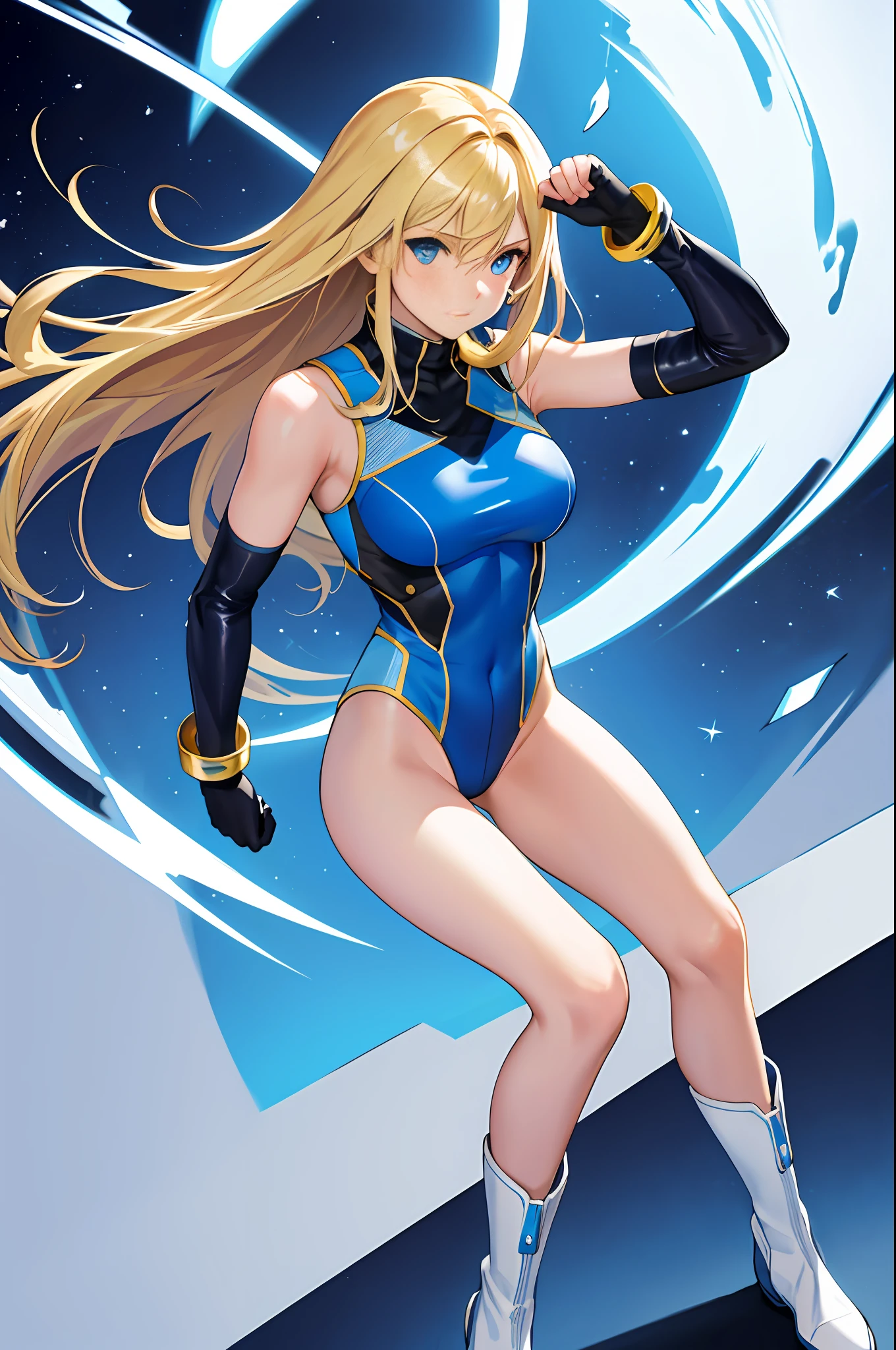 masterpiece, best quality, highres, 1girl, solo, superhero, leotard, bare legs, boots, matching boots, aura, blue aura, sleeveless, gloves, bracelets, matching gloves, looking at viewer, light particles, city backdrop, perfect hands, perfect eyes, powering up, perfect leotard, perfect legs, perfect arms, perfect fingers, blue and white leotard, blonde hair, blue eyes, medium breasts, long hair, standing, hands on hip, closed fists, hair down,