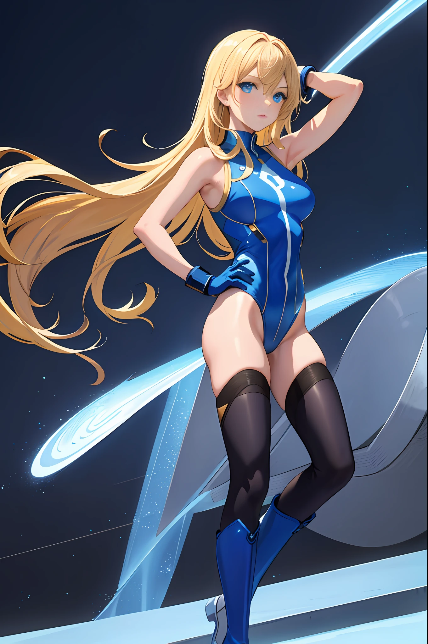 masterpiece, best quality, highres, 1girl, solo, superhero, leotard, bare legs, boots, matching boots, aura, blue aura, sleeveless, gloves, bracelets, matching gloves, looking at viewer, light particles, city backdrop, perfect hands, perfect eyes, powering up, perfect leotard, perfect legs, perfect arms, perfect fingers, blue and white leotard, blonde hair, blue eyes, medium breasts, long hair, standing, hands on hip, closed fists, hair down,