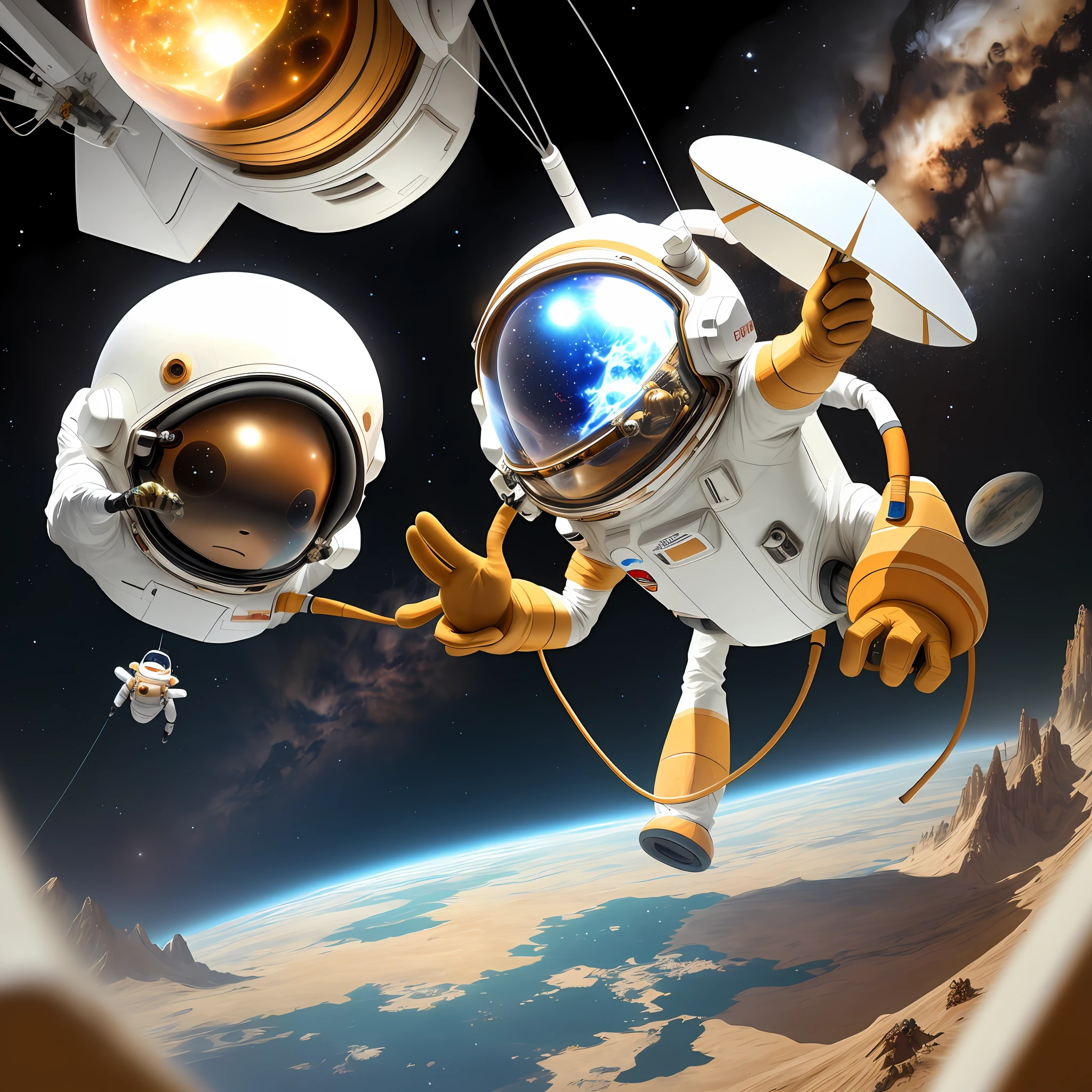 Space ants in astronaut costumes exposing the universe in their flying anthill