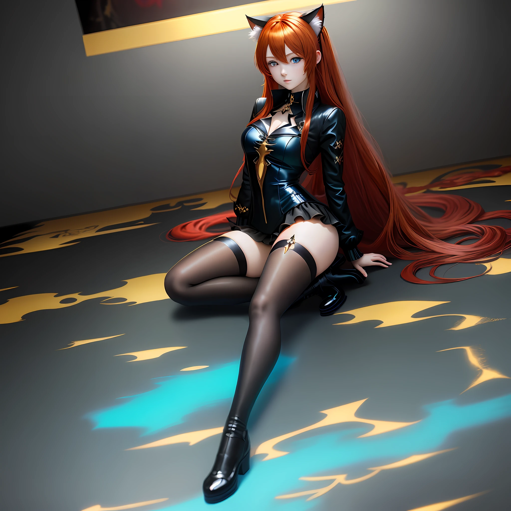 (masterpiece, best quality), (solo shot), (1 beautiful anime girl), cat ears, hair over one eye, demon wings, demon tail, red hair, long hair, cyan blue eyes, black legwear, (perfect anatomy, golden ratio)