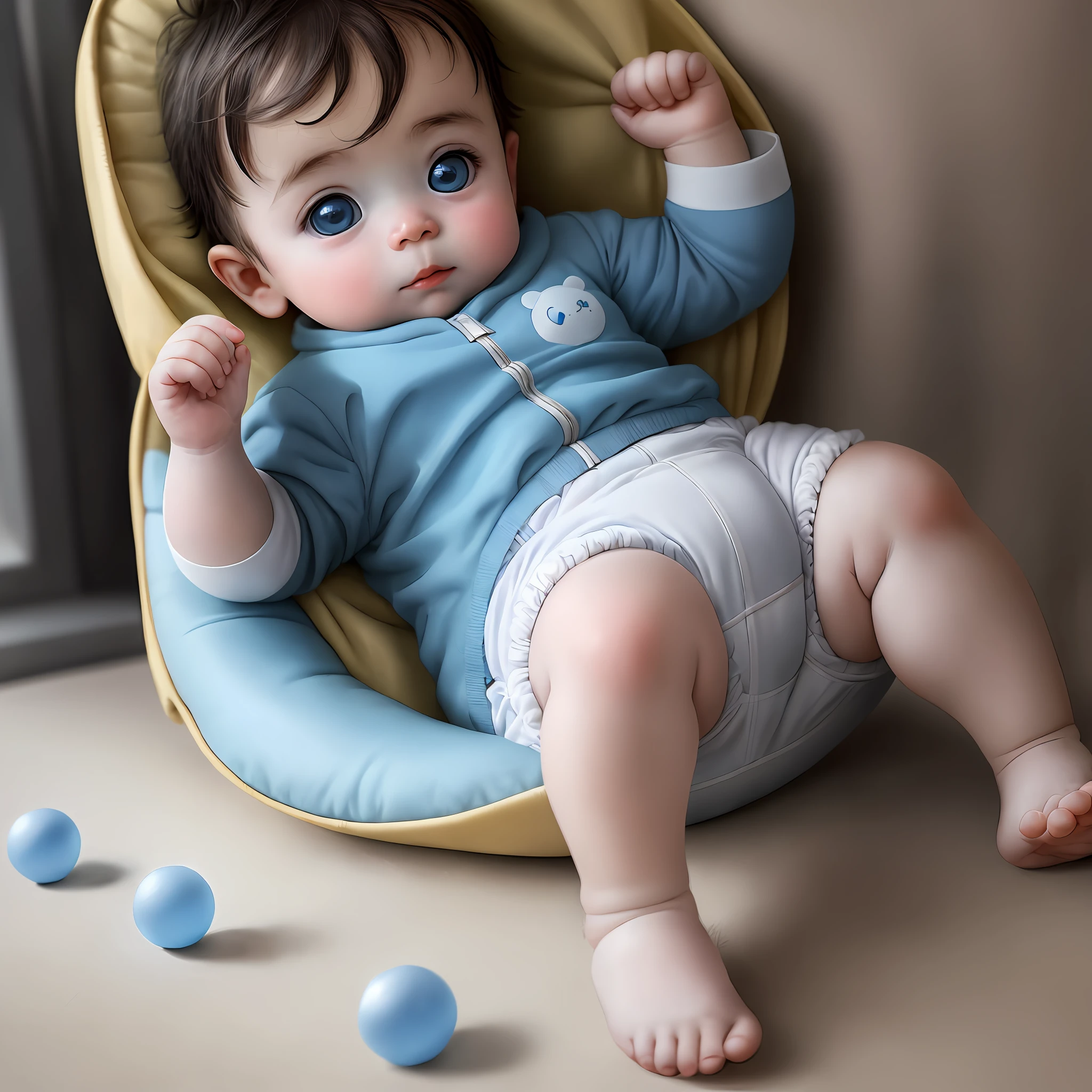 Male baby, one-year-old baby in diaper takes a step, eyes shine with determination, soft light, blue eyes, baby crawling