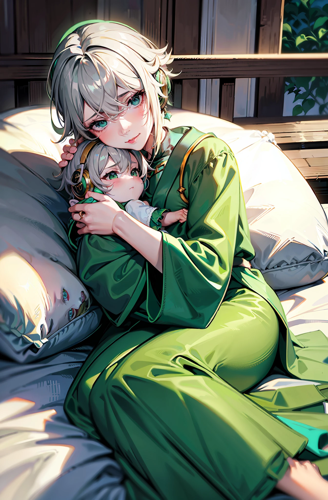 (well detailed background) (best quality), (high quality), (masterpiece), 1girl, 1baby , alhaitham \(genshin impact\), grey hair, turquoise eyes, short hair, headphones, mature, exhausted expression, looking down at the baby, tired smile (a tired mother with green eyes lying on a bed on pillows fully covered with white sheets and blankets holding a baby in her arms), wearing simple green robe, nightgown robe, green nightwear, long sleeves, loose sleeves, indoor, bedroom, newborn baby, (a baby with red eyes and blonde hair), no armor, blonde baby