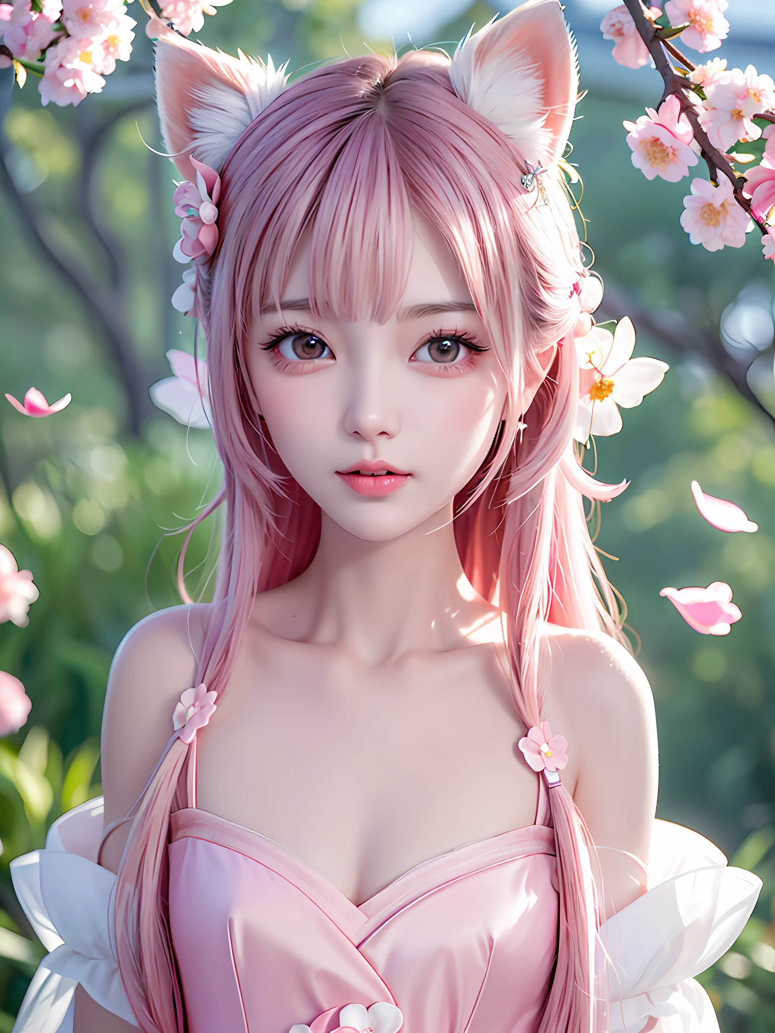 A gentle and lovely Chinese beautiful woman, delicate and sexy collarbone, charming goose egg face, double eyelids, smart peach blossom eyes, pink lips, small upturned nose, bare shoulders, focused face, face close-up, ultra HD, super detail, full body photo, ultra-thin translucency, cat ears, falling petals, pink hair