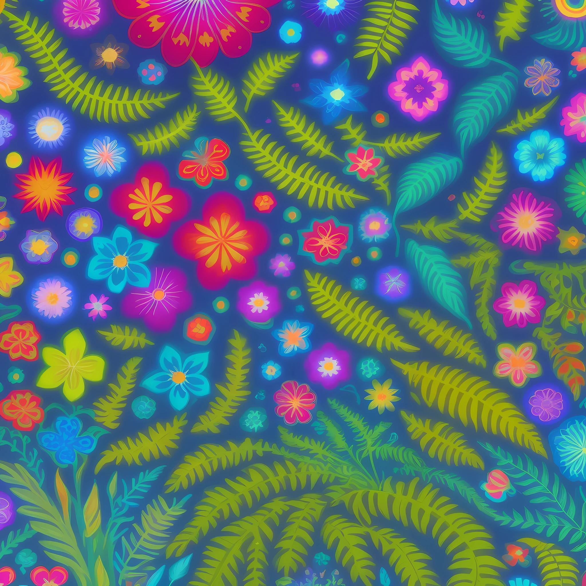 A colorful floral print with blue background, whimsical and psychedelic, intricate color, neon floral pattern, textile print, surreal psychedelic design, intricate vibrant colors, blooming tropical flowers, visionary art print, full of W 1024 color, magical fauvism, psychedelic floral planets, full of 8-W 1024 color, bold psychedelic colors, fern leaves and tropical plants and animals