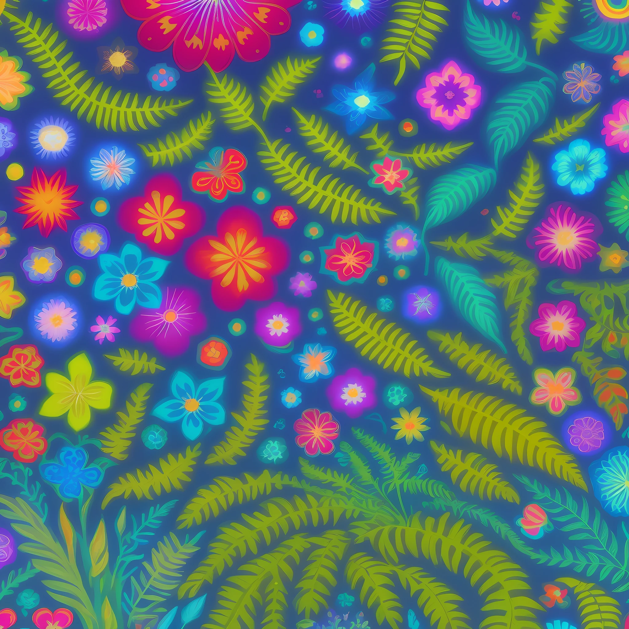 A colorful floral print with blue background, whimsical and psychedelic, intricate color, neon floral pattern, textile print, surreal psychedelic design, intricate vibrant colors, blooming tropical flowers, visionary art print, full of W 1024 color, magical fauvism, psychedelic floral planets, full of 8-W 1024 color, bold psychedelic colors, fern leaves and tropical plants and animals