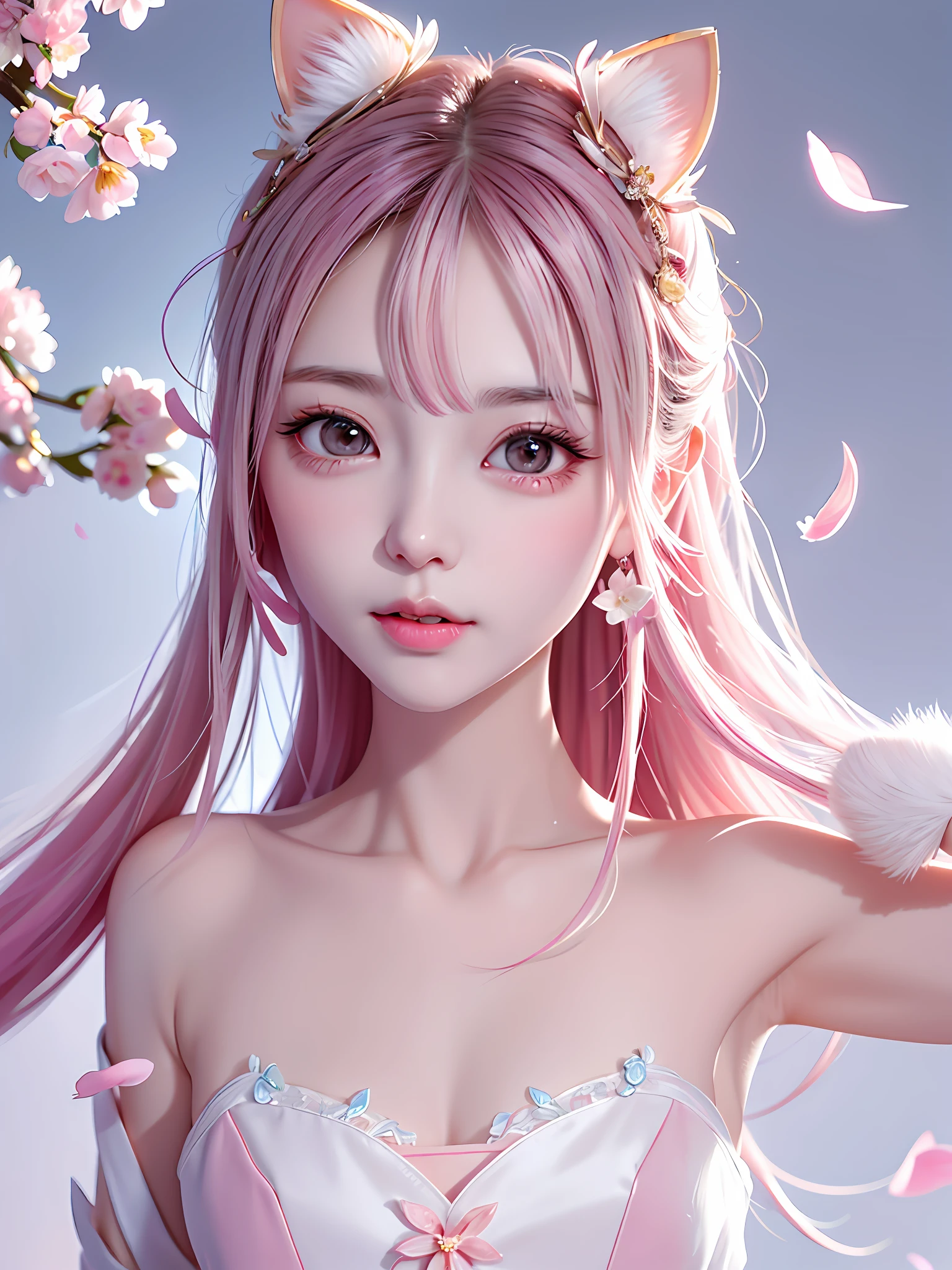 A gentle and lovely Chinese beautiful woman, delicate and sexy collarbone, charming goose egg face, double eyelids, smart peach blossom eyes, pink lips, small upturned nose, bare shoulders, focused face, face close-up, ultra HD, super detail, full body photo, ultra-thin translucency, cat ears, falling petals, pink hair