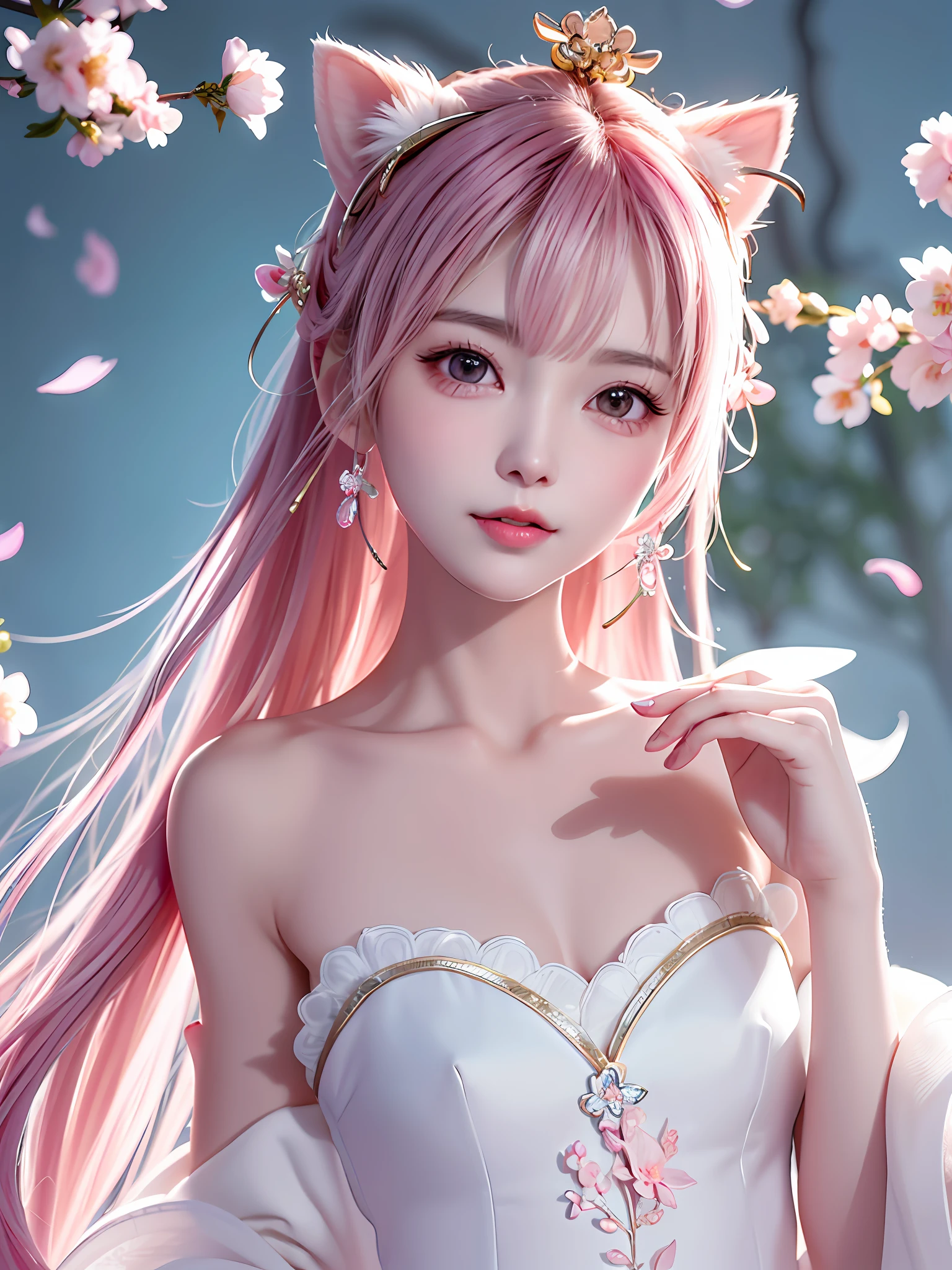 A gentle and lovely Chinese beautiful woman, delicate and sexy collarbone, charming goose egg face, double eyelids, smart peach blossom eyes, pink lips, small upturned nose, bare shoulders, focused face, face close-up, ultra HD, super detail, full body photo, ultra-thin translucency, cat ears, falling petals, pink hair