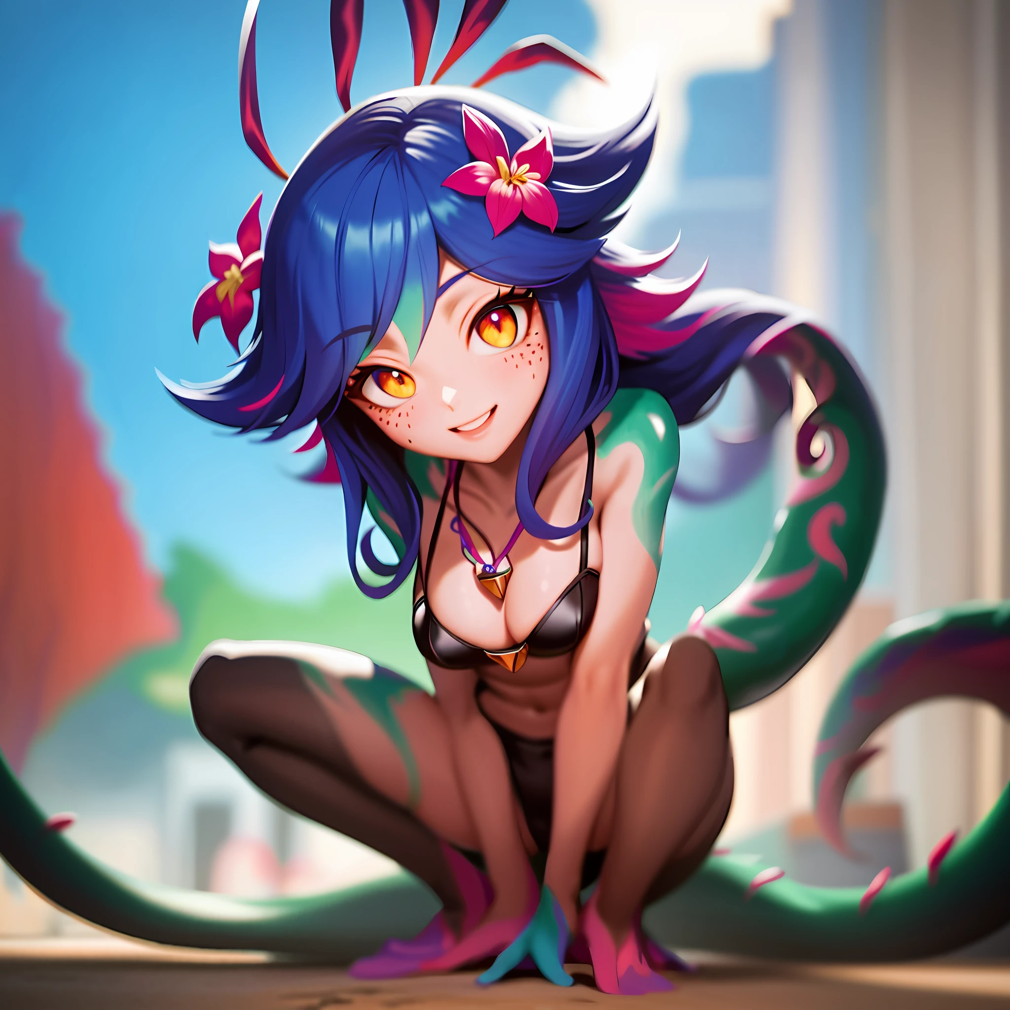 best illustration, illustration, vibrant colors, masterpiece, best quality, absurdities, 1girl, beautiful face, detailed eyes, looking at the viewer, contrapposto, sexy, full body, neeko, facial marks, hair ornaments, hair flower, necklace, lizard tail, multicolored skin, body painting, micro black bikini, walking in public, with shame, red with shame, panting, smiling, in public, squat down,  squat, sweaty, playboy bunny, bunny outfit, black playboy bunny outfit