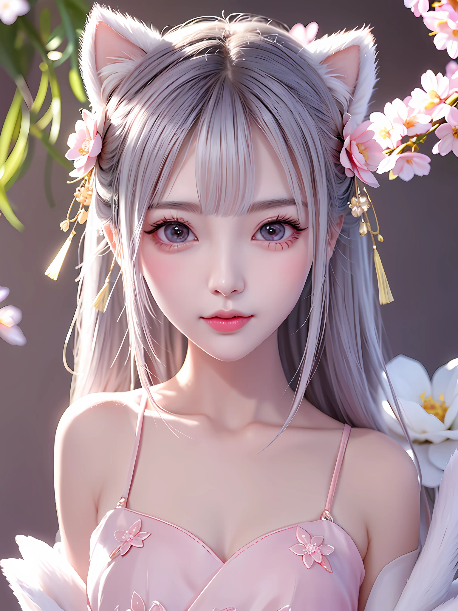 A gentle and lovely Chinese beautiful woman, delicate and sexy collarbone, charming goose egg face, double eyelids, smart peach blossom eyes, pink lips, small upturned nose, bare shoulders, focused face, face close-up, ultra HD, super detail, full body photo, ultra-thin translucency, cat ears, flower petals falling, white hair