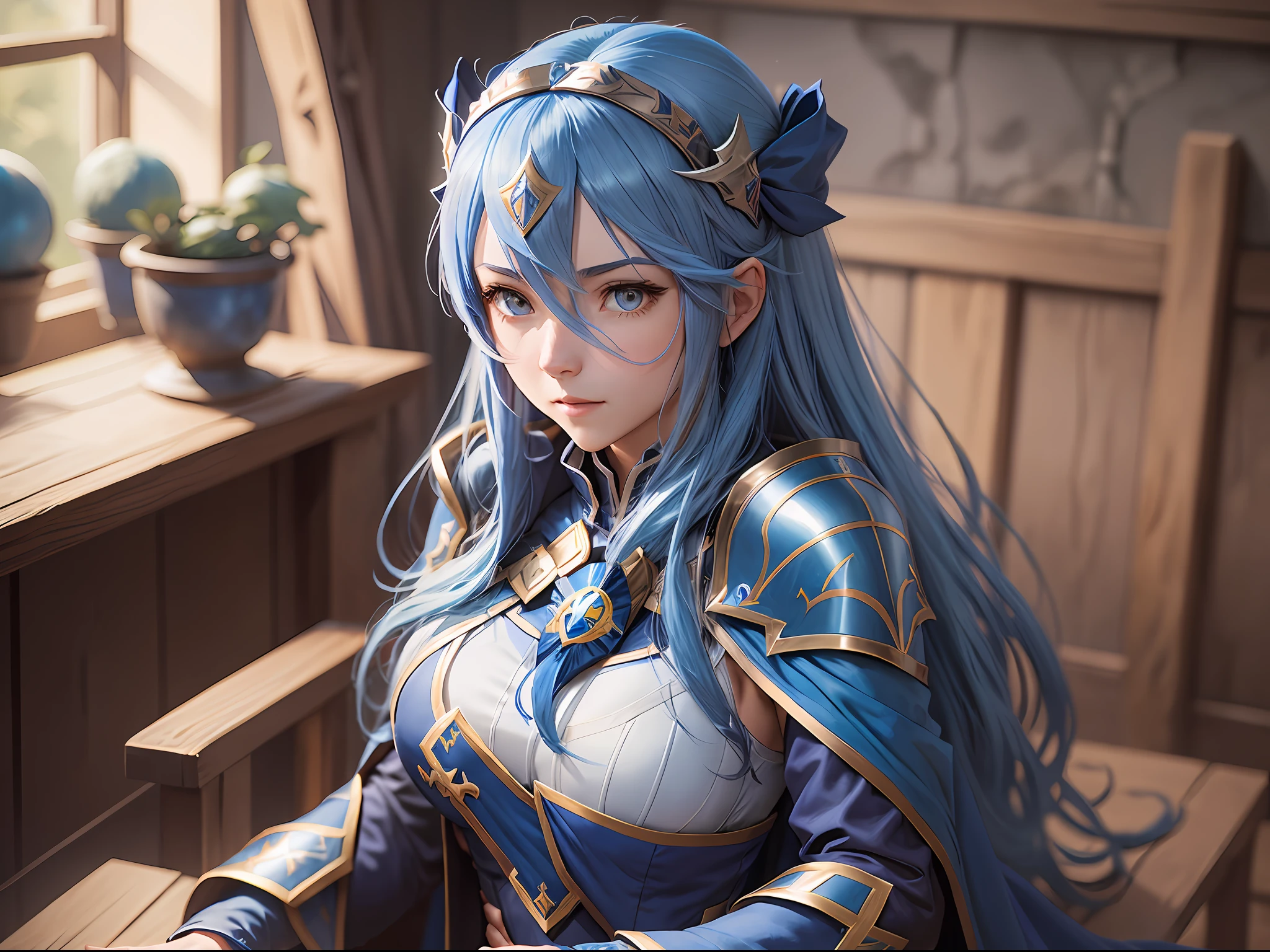 a woman with long blue hair and a blue cape is standing, lucina from fire emblem, portrait knights of zodiac girl, fire emblem, fus rei, knights of zodiac girl, crisp clear rpg portrait, aqua from konosuba, official character art, official art, hestia, portrait of a female anime hero, game art!!, blue scales covering her chest