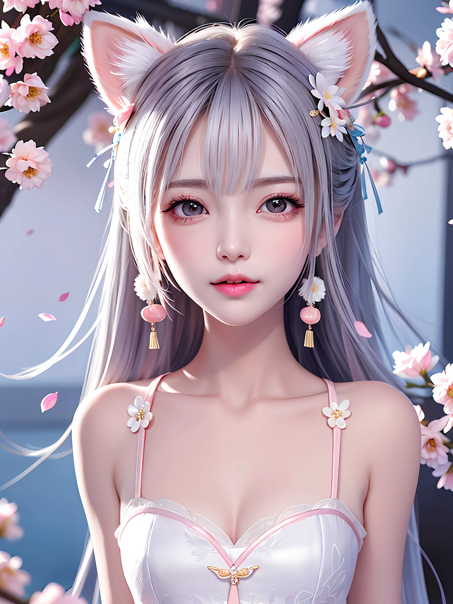 A gentle and lovely Chinese beautiful woman, delicate and sexy collarbone, charming goose egg face, double eyelids, smart peach blossom eyes, pink lips, small upturned nose, bare shoulders, focused face, face close-up, ultra HD, super detail, full body photo, ultra-thin translucency, cat ears, flower petals falling, white hair