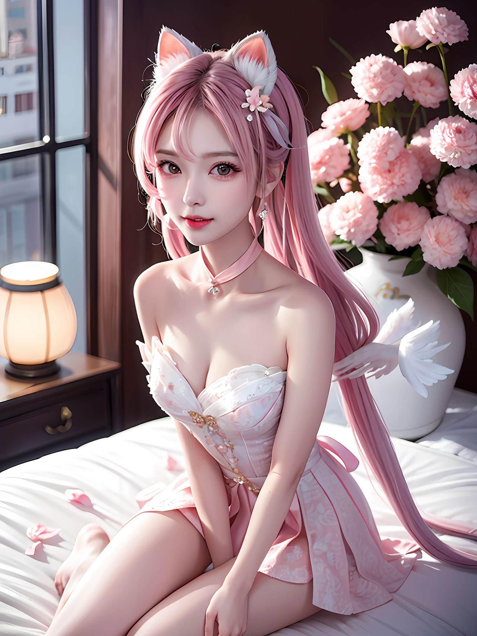 A gentle and lovely Chinese beautiful woman, delicate and sexy collarbone, charming goose egg face, double eyelids, smart peach blossom eyes, pink lips, small upturned nose, bare shoulders, focused face, face close-up, ultra-high definition, super details, full body photo, ultra-thin translucency, cat ears, falling petals, pink hair, enchanting figure, sitting on the bed