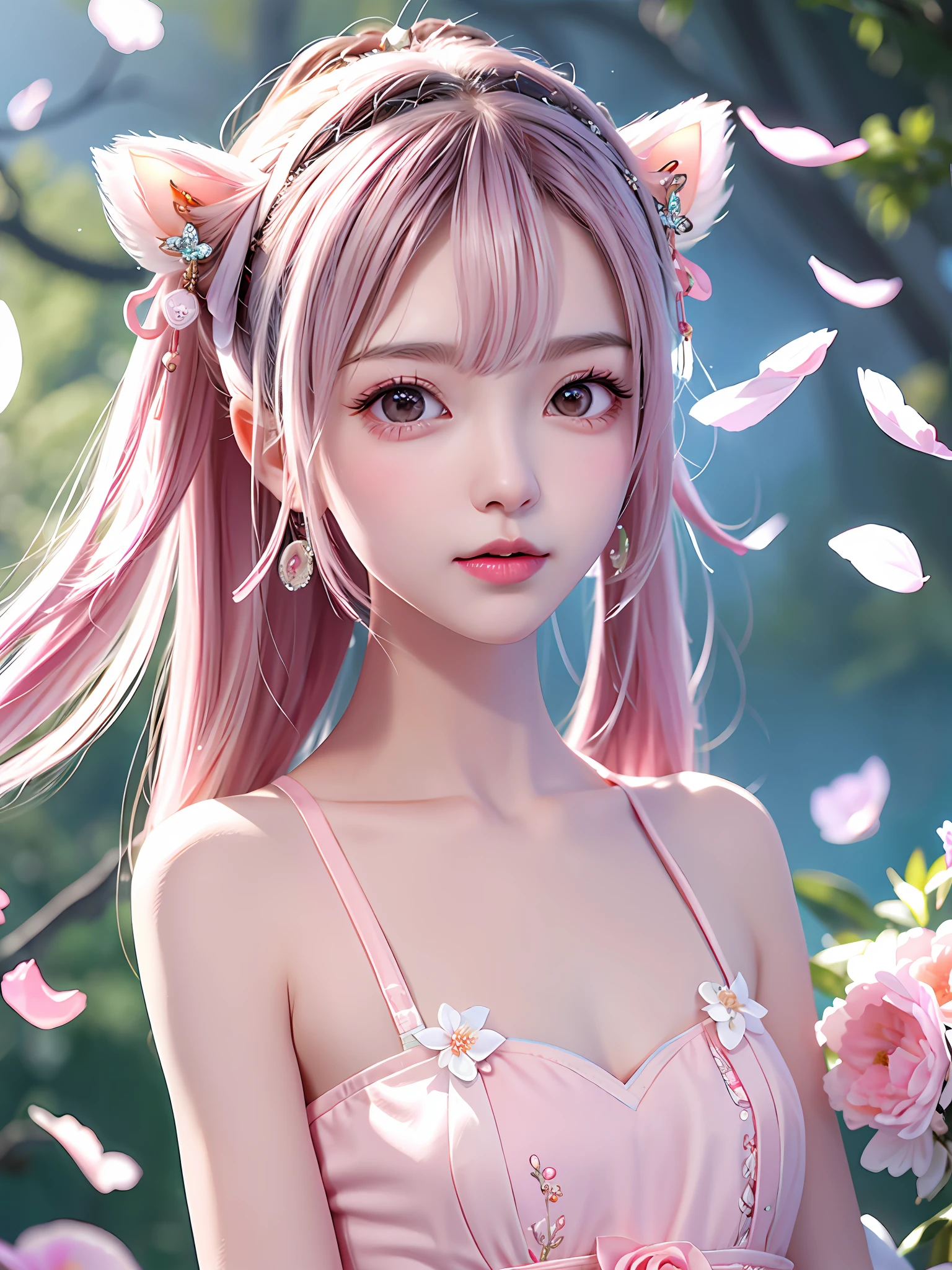 A gentle and lovely Chinese beautiful woman, delicate and sexy collarbone, charming goose egg face, double eyelids, smart peach blossom eyes, pink lips, small upturned nose, bare shoulders, focused face, face close-up, ultra-high definition, super detail, full body photo, ultra-thin translucency, cat ears, falling petals, pink hair, enchanting pose