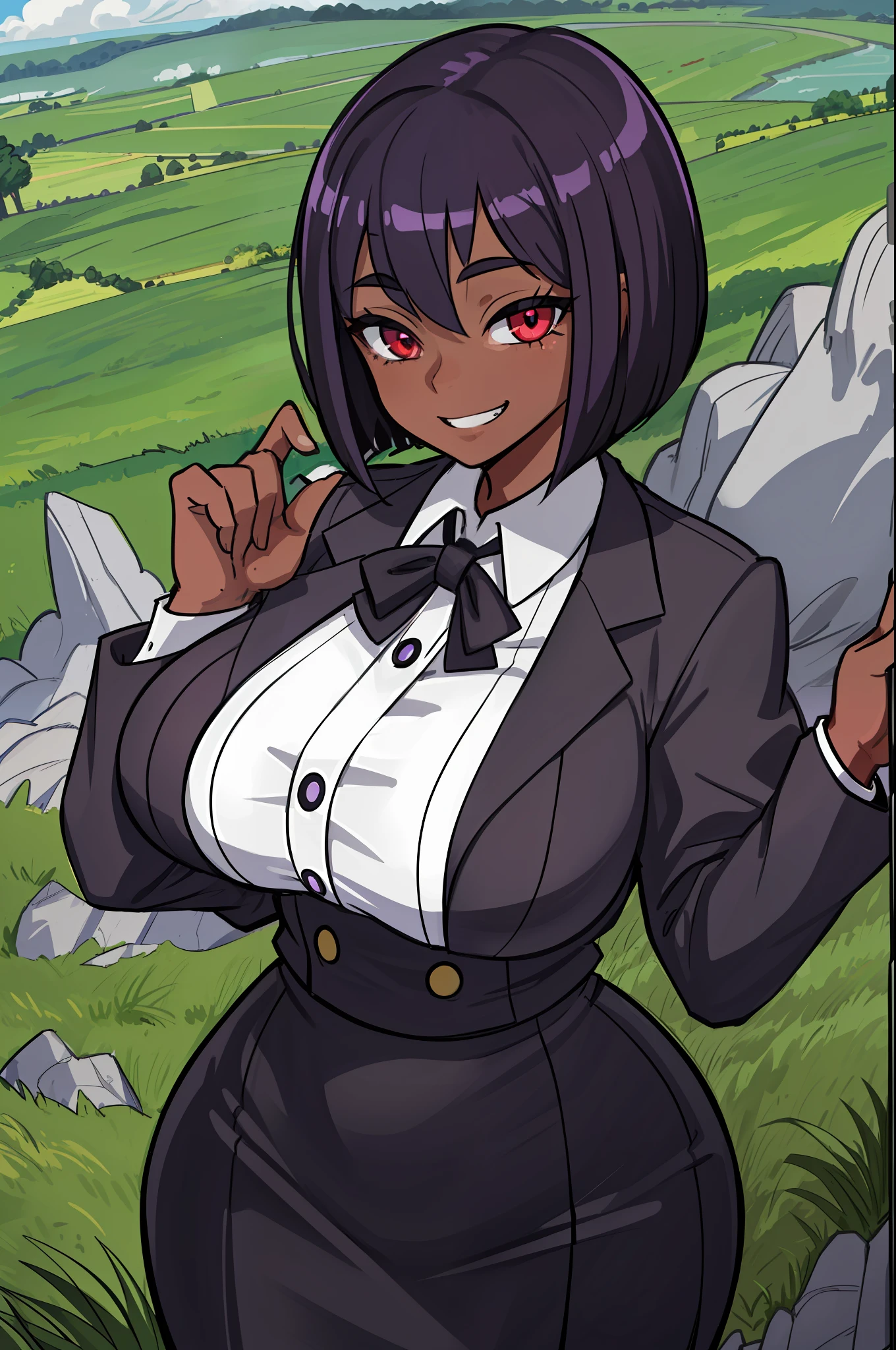 best quality, masterpiece, highres, extremely detailed girl, solo, sharp focus, 1girl, solo, dark skin, office lady, black and white clothes, grin, huge breasts, wide hips, curvy, beautiful detailed eyes, red eyes, shiny hair, (short hair:1.5), purple hair, grass landscape