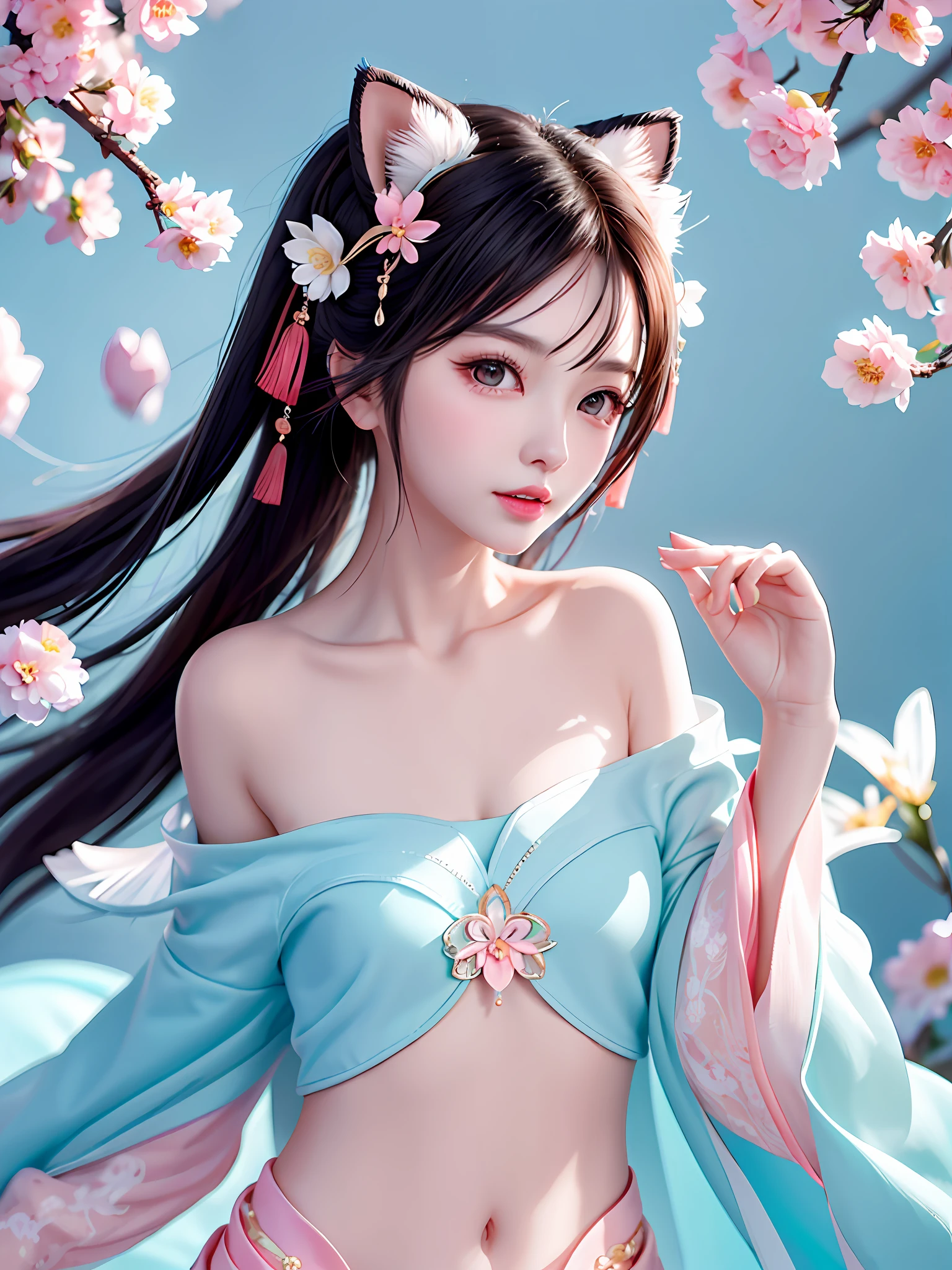 A gentle and lovely Chinese beautiful woman, delicate and sexy collarbone, charming goose egg face, double eyelids, smart peach blossom eyes, pink lips, small upturned nose, bare shoulders, focused face, face close-up, ultra HD, super detail, full body photo, ultra-thin translucency, cat ears, falling petals, cyan hair