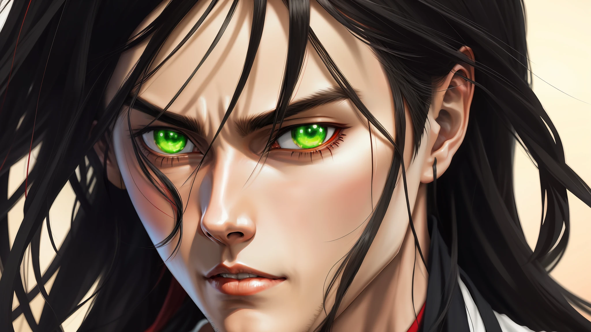 Anime boy with green eyes and long black hair with red and white design, tribal anime boy with long hair, portrait of Eren Yeager, Eren Yeager, beautiful anime eyes, stunning anime face portrait, detailed anime face, high detailed detailed face anime, cute anime face, Eren Jaeger, highly detailed angry anime face, 4K manga wallpaper Eren Yeager