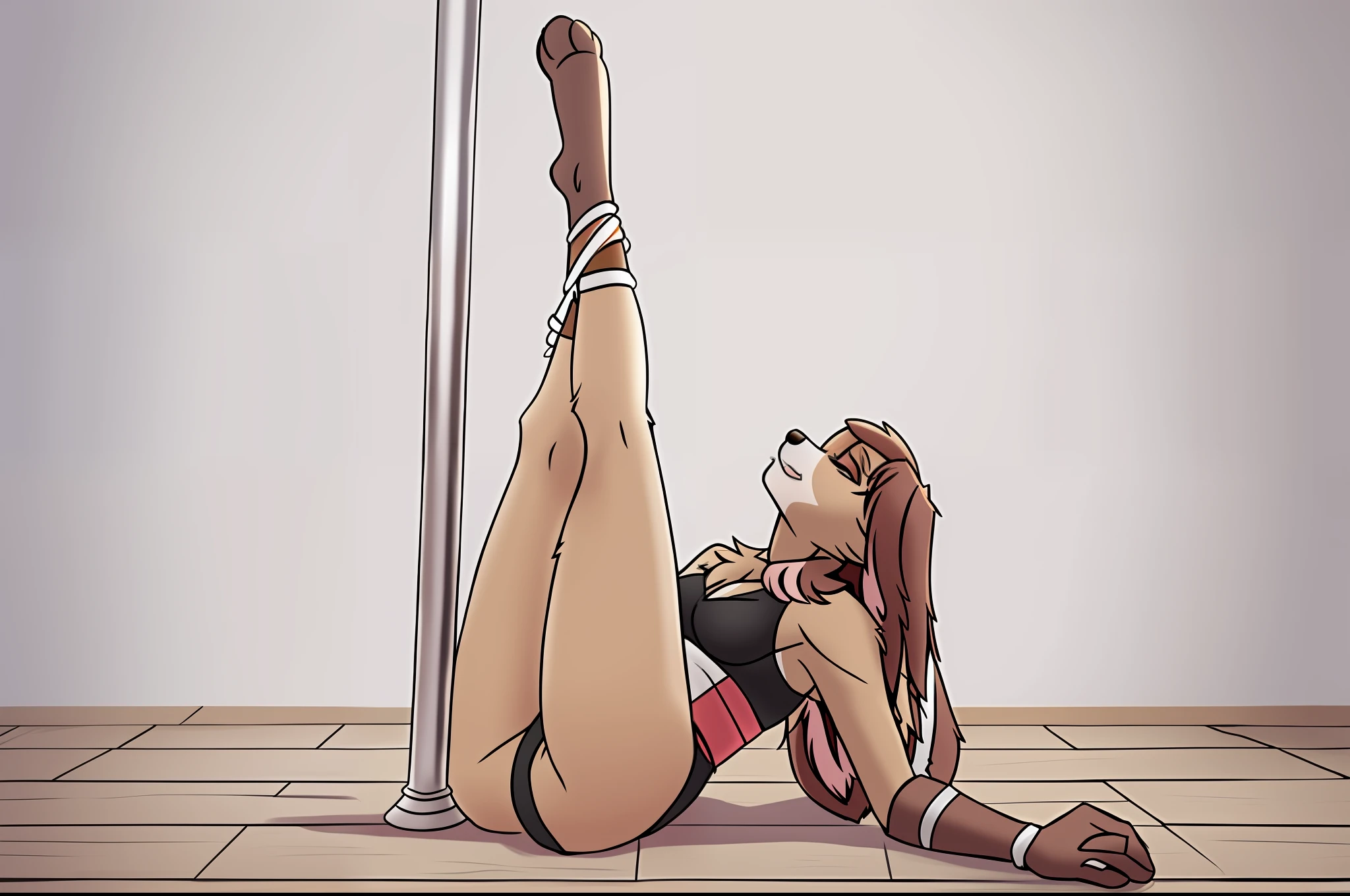 Lop laying down on the floor with a pole next to her