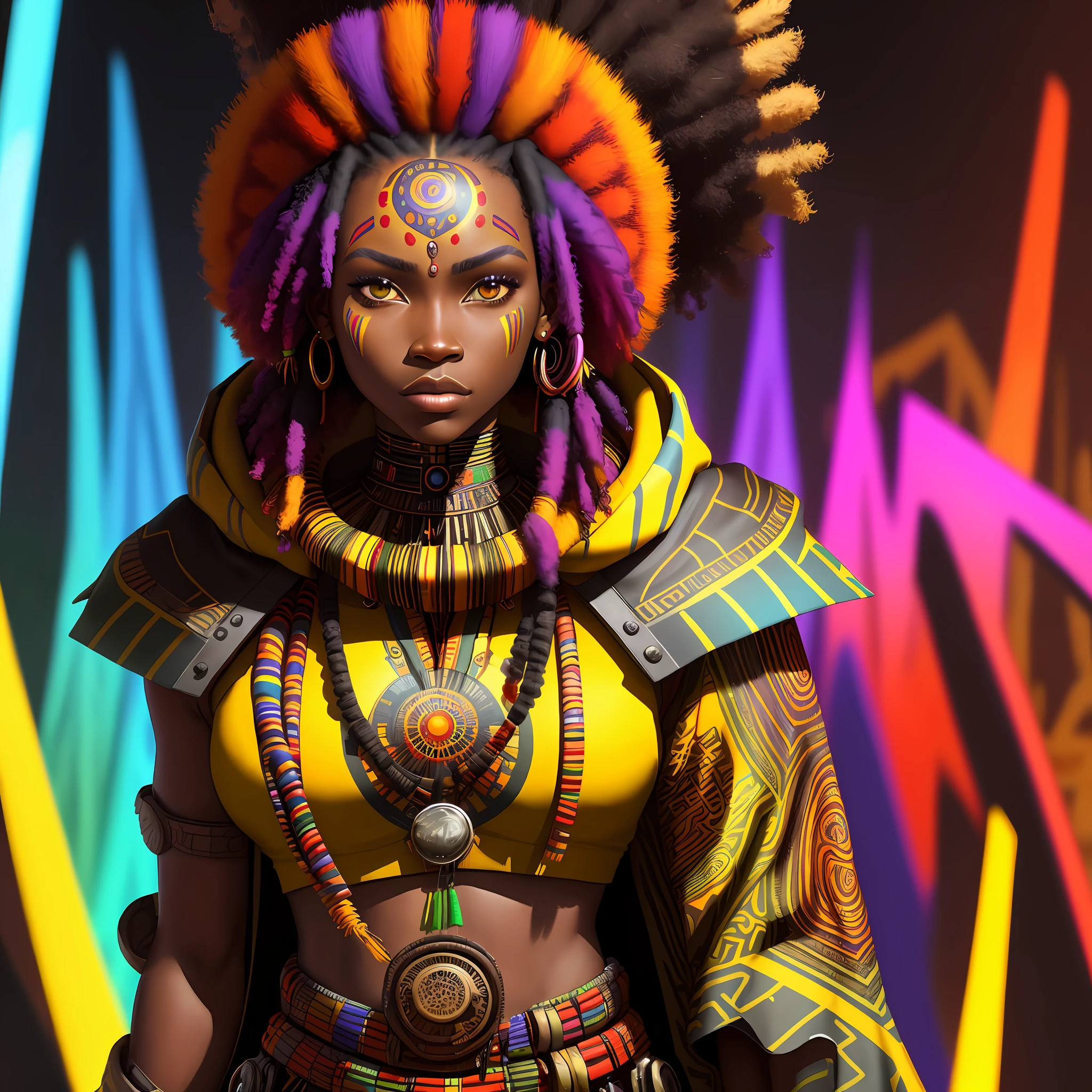 best quality, masterpiece, cyberpunk, african tribe background, 1girl, afrofuturist explorer, holographic statues,african cloth, [african] cultural fusion, intense look, full body portrait, african hooded cloth cover, open cover, triadic complementary colors, warm colors, strong brushstrokes, bold color