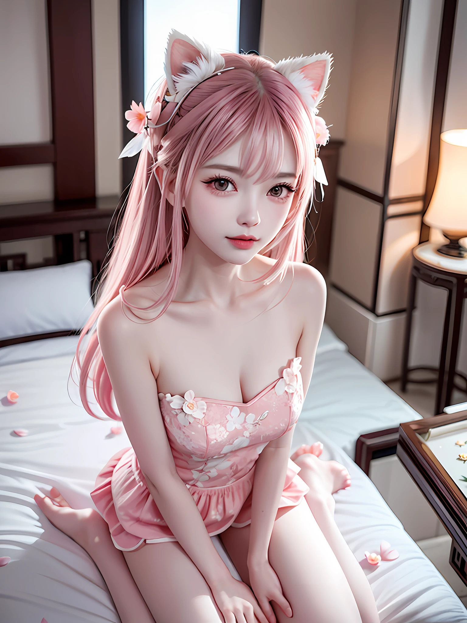 A gentle and lovely Chinese beautiful woman, delicate and sexy collarbone, charming goose egg face, double eyelids, smart peach blossom eyes, pink lips, small upturned nose, bare shoulders, focused face, face close-up, ultra-high definition, super details, full body photo, ultra-thin translucency, cat ears, falling petals, pink hair, enchanting figure, sitting on the bed