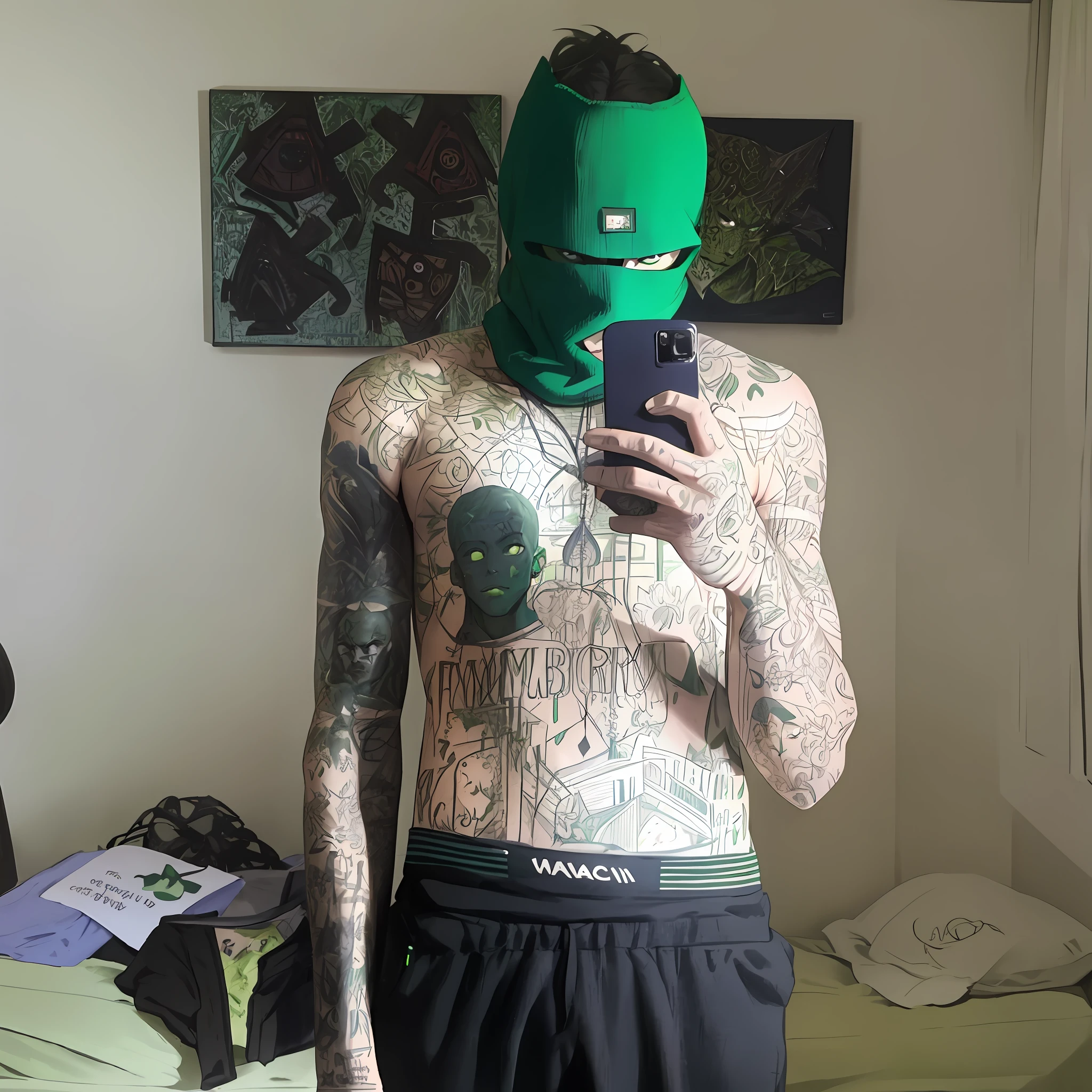 arafed man with green mask taking a selfie in a bedroom, lil peep, fully tattooed body, green skin!, green facemask, green hood, green skin, green colored skin!!, green skinned, green colored skin, green head, album art, green face, style of seb mckinnon, bladee from drain gang, green body, full body picture