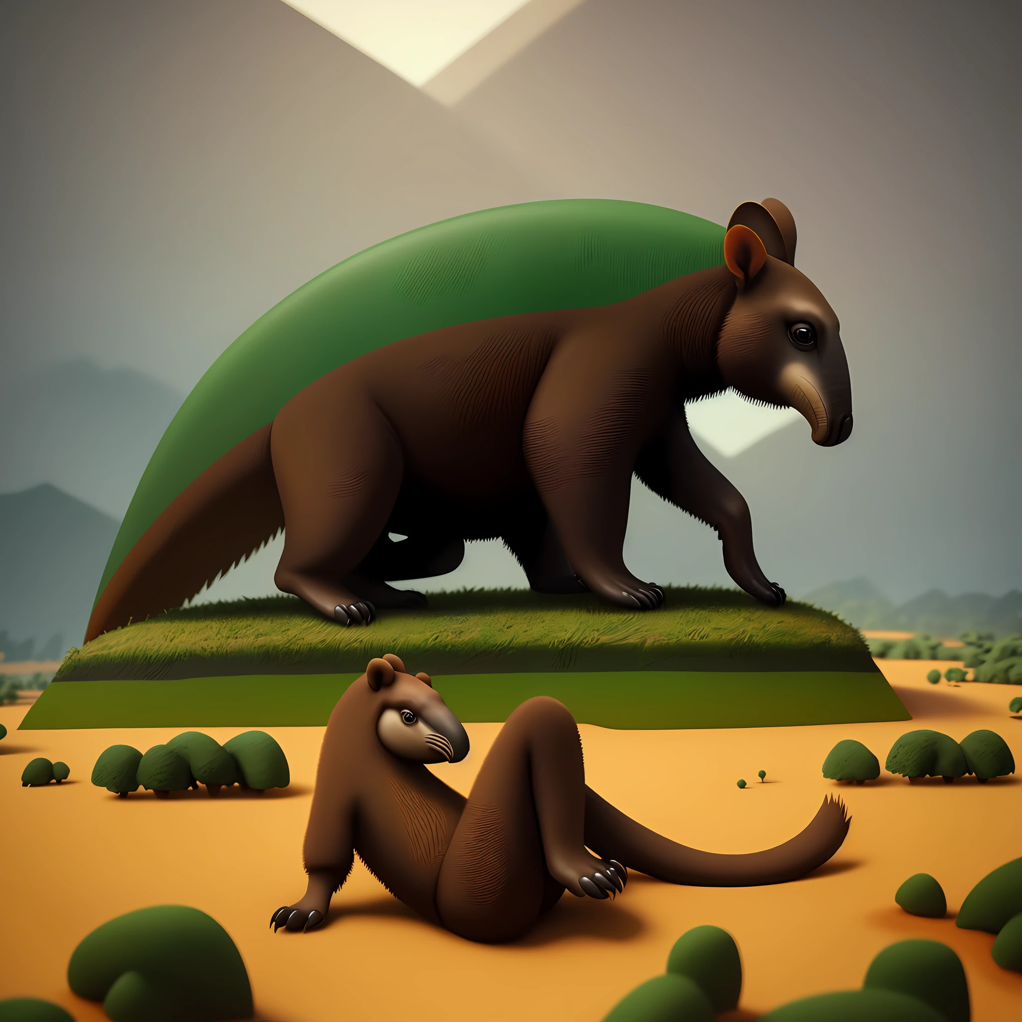 There is a cartoon image of a brown anteater sitting on a piece of land, Anteater, Brazilian flag, isometric, stylized 3D render, fantastic creatures, realistic game art, 4k full hd, big claws