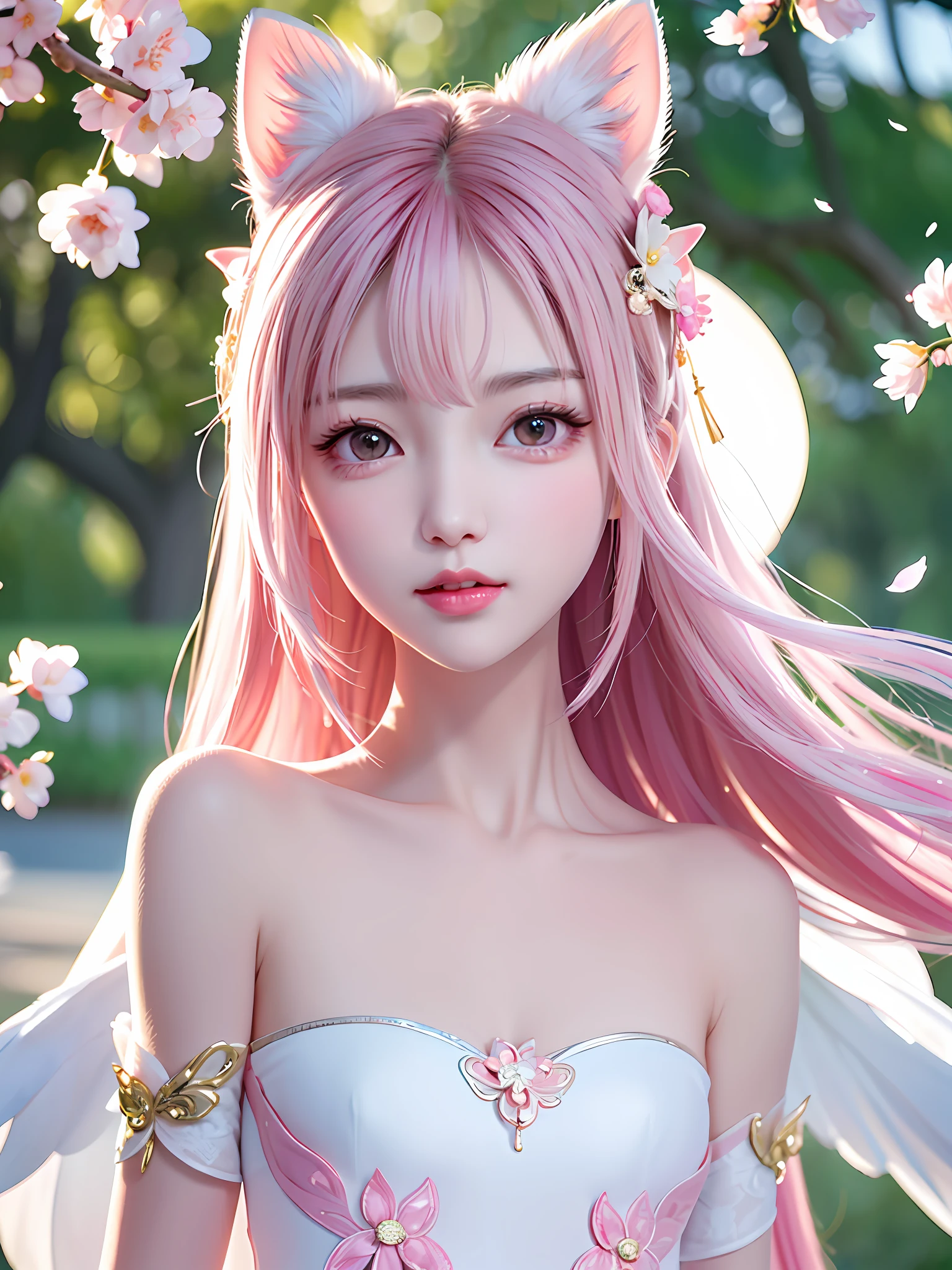 A gentle and lovely Chinese beautiful woman, delicate and sexy collarbone, charming goose egg face, double eyelids, smart peach blossom eyes, pink lips, small upturned nose, bare shoulders, focused face, face close-up, ultra HD, super detail, full body photo, ultra-thin translucency, cat ears, falling petals, pink hair