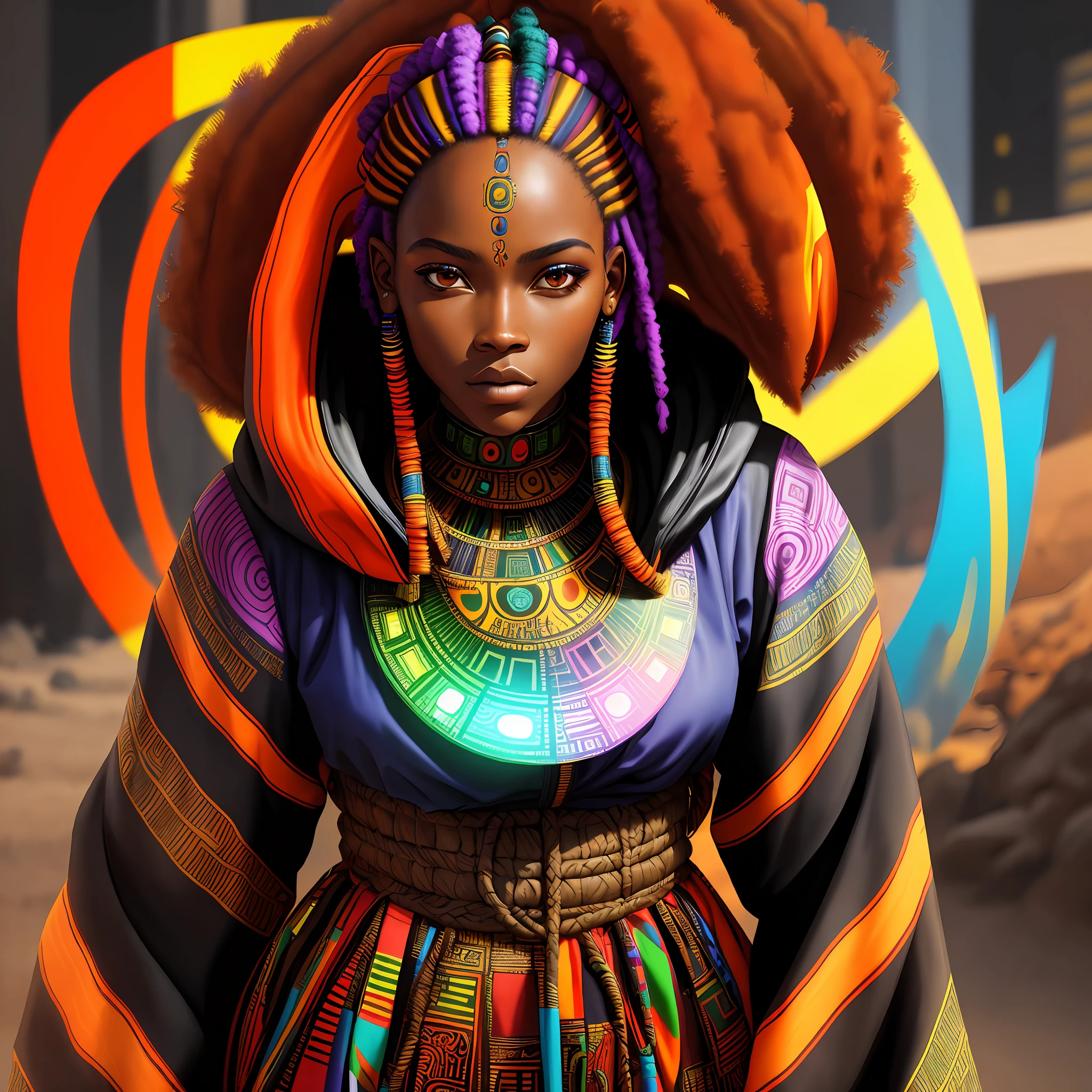 best quality, masterpiece, cyberpunk, african tribe background, 1girl, afrofuturist explorer, holographic statues,african cloth, [african] cultural fusion, intense look, full body portrait, african hooded cloth cover, open cover, triadic complementary colors, warm colors, strong brushstrokes, bold color