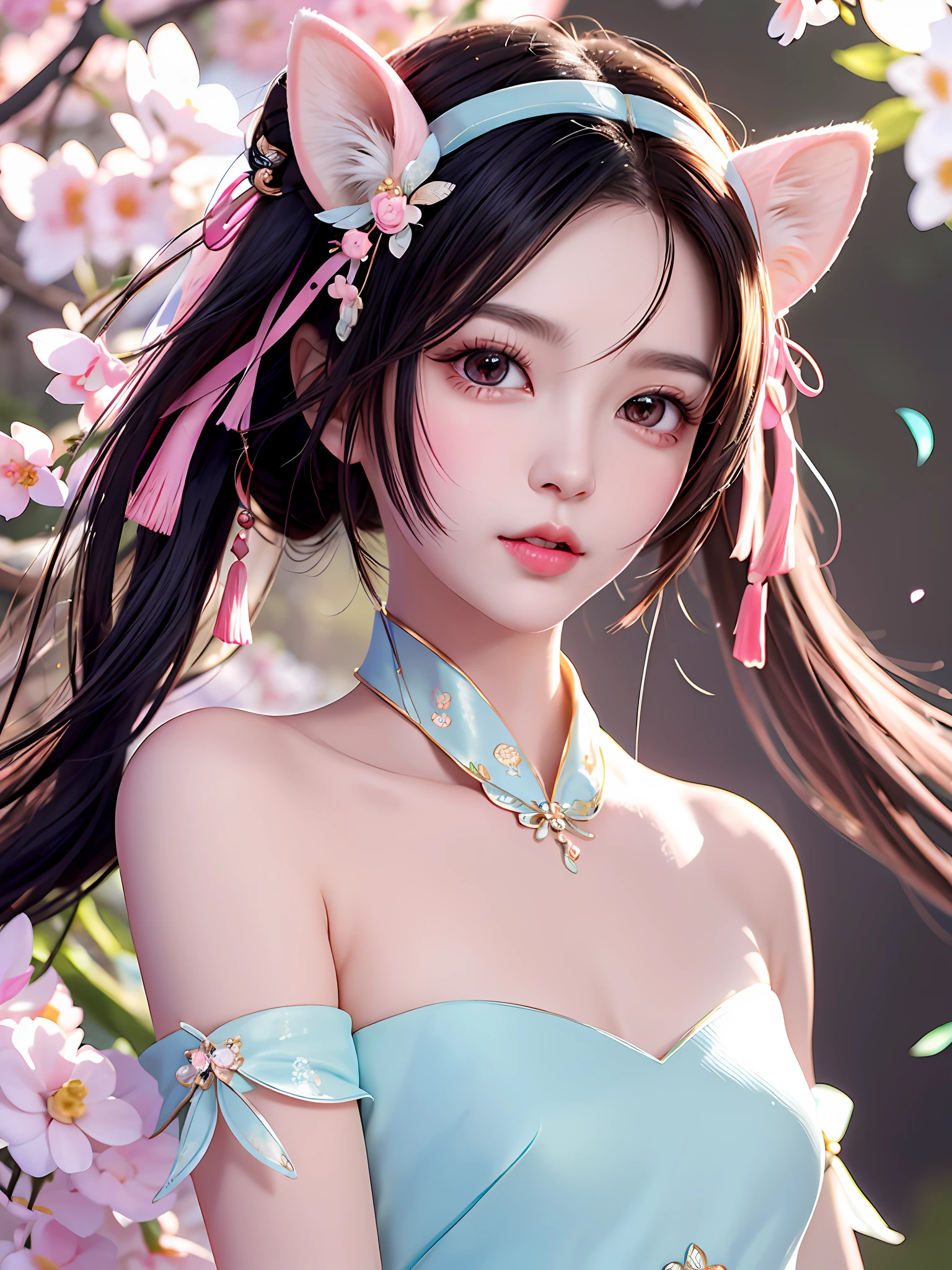 A gentle and lovely Chinese beautiful woman, delicate and sexy collarbone, charming goose egg face, double eyelids, smart peach blossom eyes, pink lips, small upturned nose, bare shoulders, focused face, face close-up, ultra HD, super detail, full body photo, ultra-thin translucency, cat ears, falling petals, cyan hair