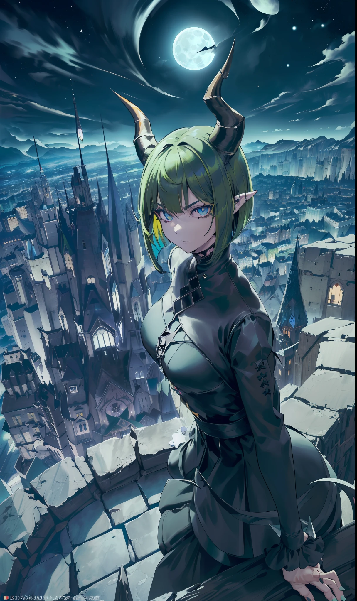 ((highest quality, masterpiece, 4k, finely detailed, detailed eyes, detailed face, gelbooru, pixiv)), warm lighting, ((solo)), 1 woman, adult woman, mature woman, wide hips, seductive, ((two demon horns)), ((very sharp eye shape, dark mascara, steel blue eye color)), (((green haircolor, shaggy hair, bob haircut)), looking at viewer, mean expression, ((modern dress, dark black color)), dominant pose, ((pointy ears)), ((modern setting)), ((castle at night in the background, full moon night, starry night, modern city surrounding the castle, bird's eye view, on top of skyscraper))