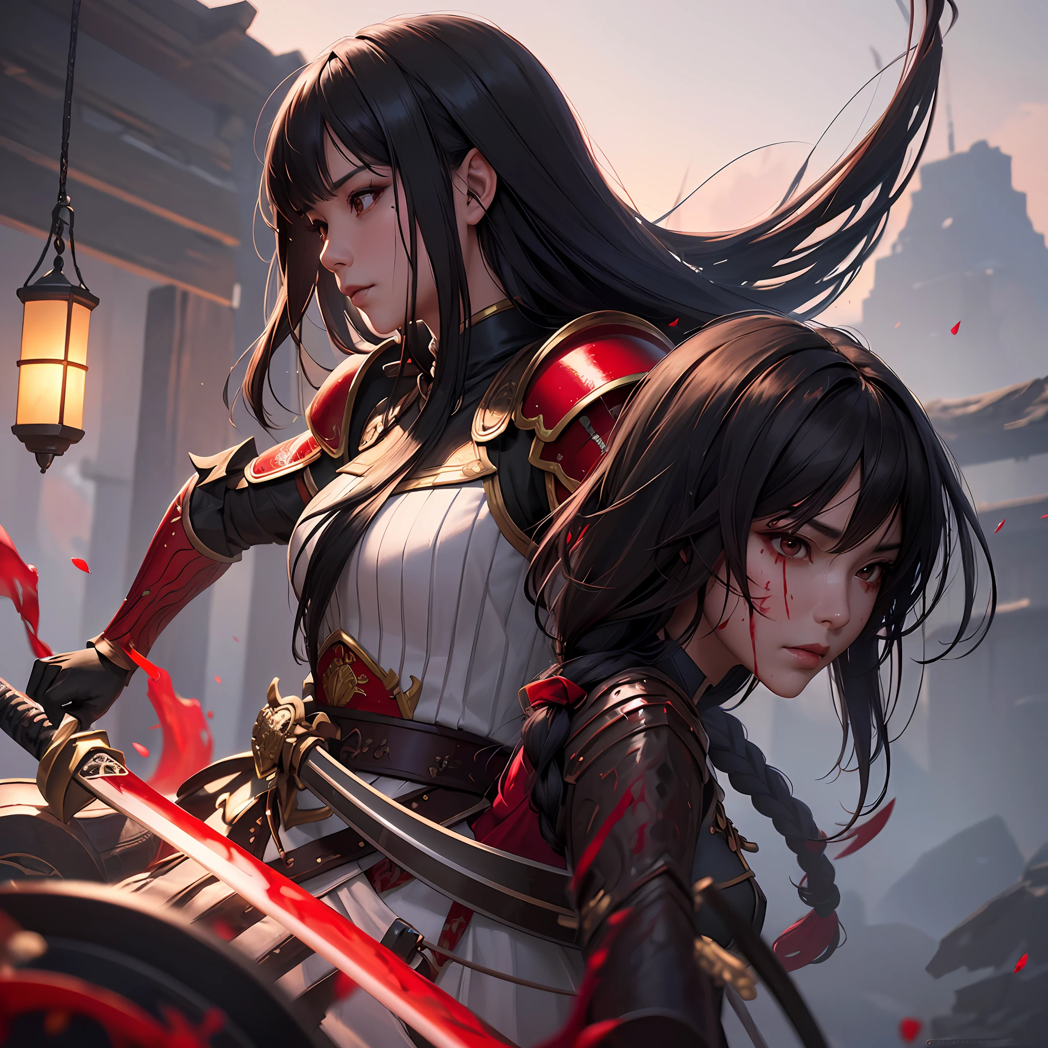 masterpiece, best quality, photorealistic, 1girl, armor, attacking with sword,((8k portrait of beautiful mixed asian woman, side profile, masterpice, side lighting)), long hair, detailed light samurai armor, ((blood red armor, black interior)), cinematic lighting, cherry blossoms, ashes, melancholy, award-winning photography, Popular on Deviant Art, Best of ArtStation, by WLOP, outdoor, oriental lighting ((8k portrait of beautiful mixed asian woman, side profile, masterpice, side lighting)), long hair, detailed light samurai armor, ((blood red armor, black interior)),