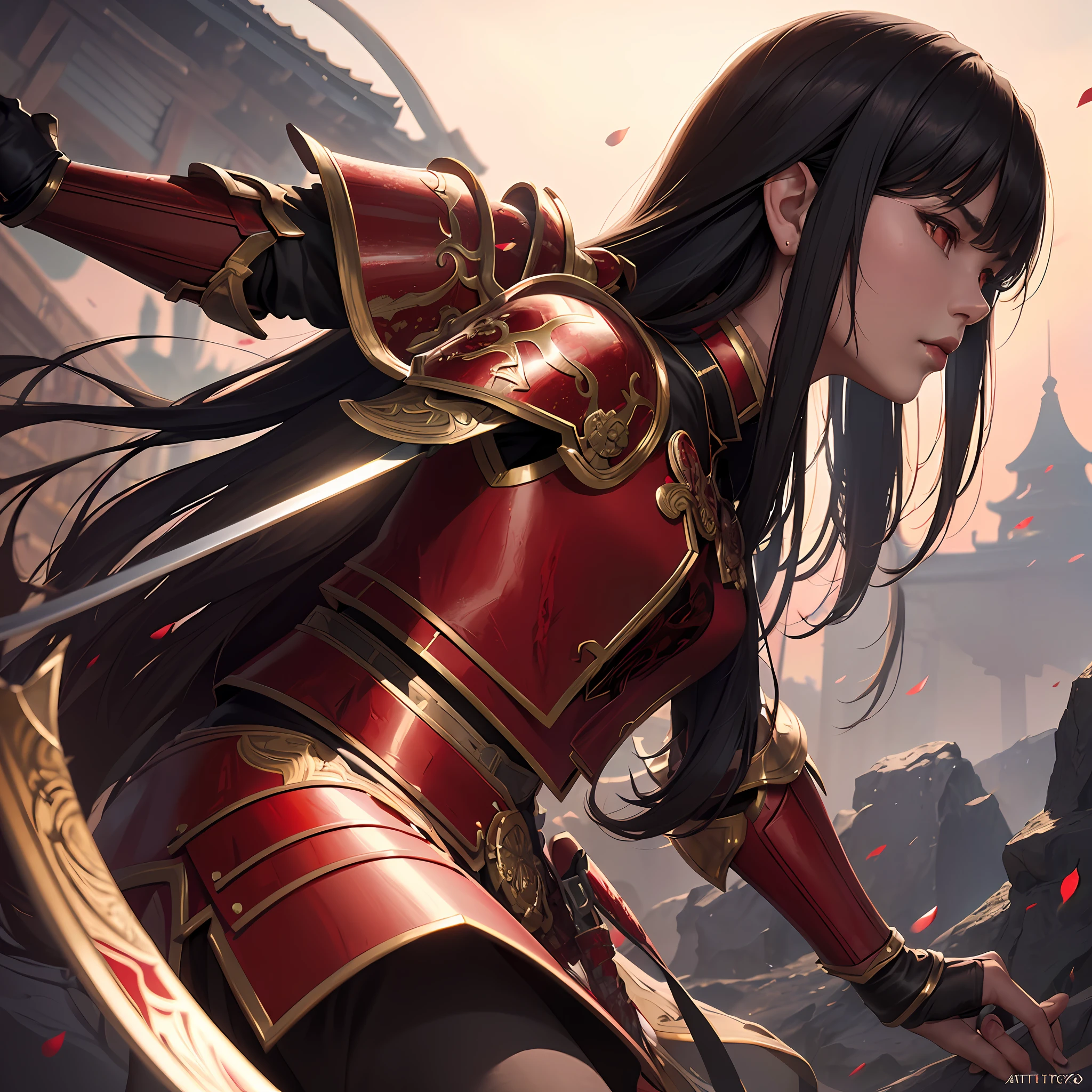 masterpiece, best quality, photorealistic, 1girl, armor, attacking with sword,((8k portrait of beautiful mixed asian woman, side profile, masterpice, side lighting)), long hair, detailed light samurai armor, ((blood red armor, black interior)), cinematic lighting, cherry blossoms, ashes, melancholy, award-winning photography, Popular on Deviant Art, Best of ArtStation, by WLOP, outdoor, oriental lighting ((8k portrait of beautiful mixed asian woman,  side profile, masterpice, side lighting)), long hair, detailed light samurai armor, ((blood red armor, black interior)),