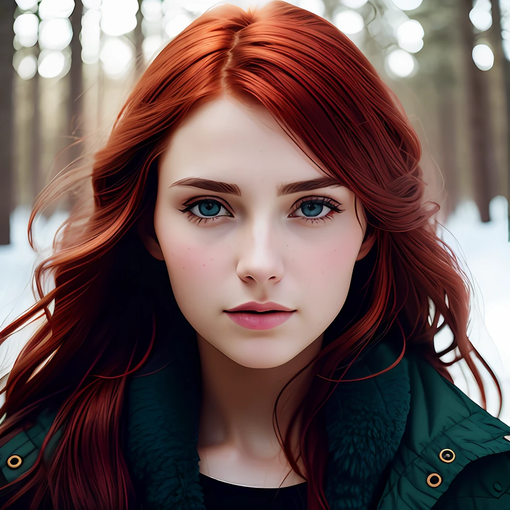 close-up of a European woman, red hair, winter forest, natural skin texture, 24mm textures, 4k, soft cinematic light, RAW photography, photorealism, photorealistic, complex, elegant, highly detailed, clear focus, (((cinematic view)))), soothing tones, crazy details, complex details, hyperdetail, low contrast, soft cinematic light, dull colors, combination of exposures, HDR, faded