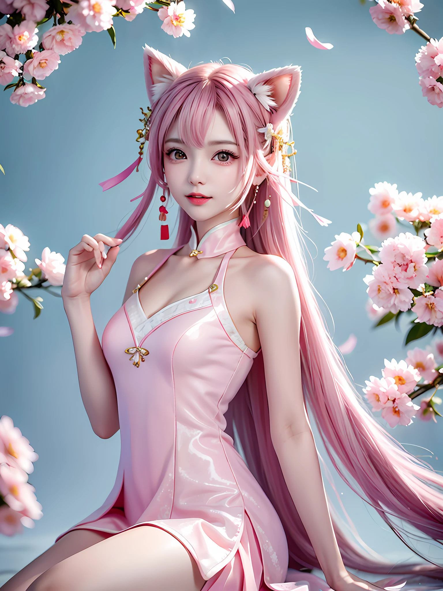 A gentle and lovely Chinese beautiful woman, delicate and sexy collarbone, charming goose egg face, double eyelids, smart peach blossom eyes, pink lips, small upturned nose, bare shoulders, focused face, face close-up, ultra-high definition, super detail, full body photo, ultra-thin translucency, cat ears, cat tail, falling petals, pink hair, enchanting posture, sitting on the bed