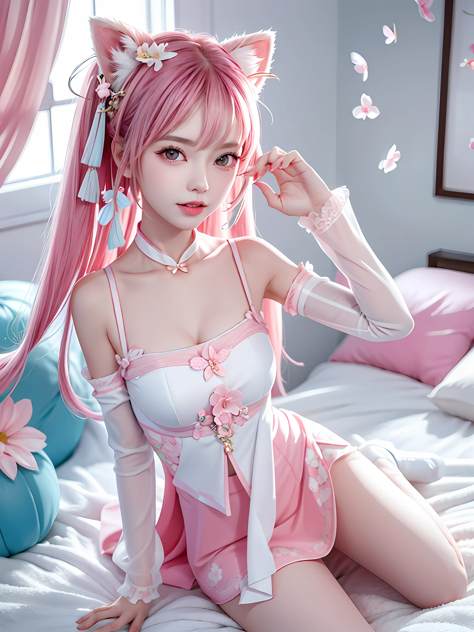 A gentle and lovely Chinese beautiful woman, delicate and sexy collarbone, charming goose egg face, double eyelids, smart peach blossom eyes, pink lips, small upturned nose, bare shoulders, focused face, face close-up, ultra-high definition, super detail, full body photo, ultra-thin translucency, cat ears, cat tail, falling petals, pink hair, enchanting posture, sitting on the bed