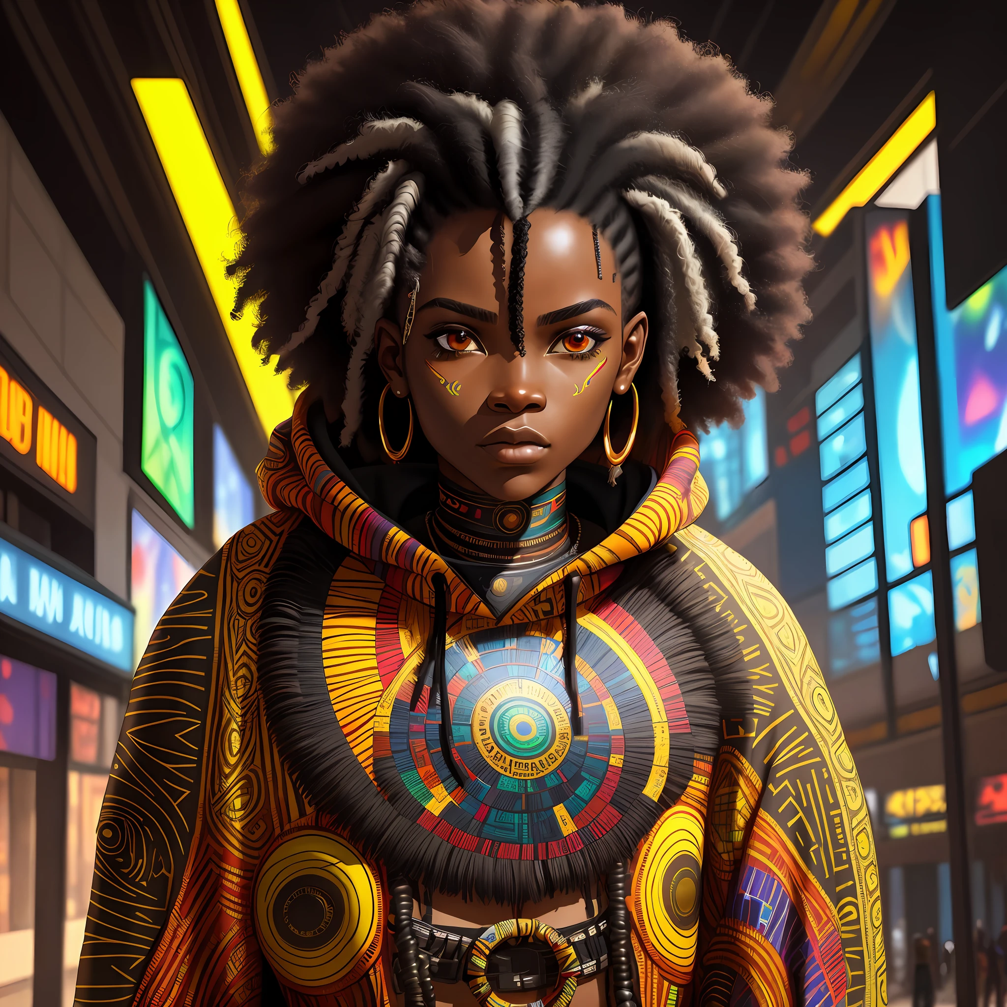 best quality, masterpiece, cyberpunk, african tribe background, 1girl, afro black colored hair, afrofuturist explorer, holographic statues,african cloth, [african] cultural fusion, intense look, full body portrait, african hooded cloth cover, open cover, triadic complementary colors, warm colors, strong brushstrokes, bold color