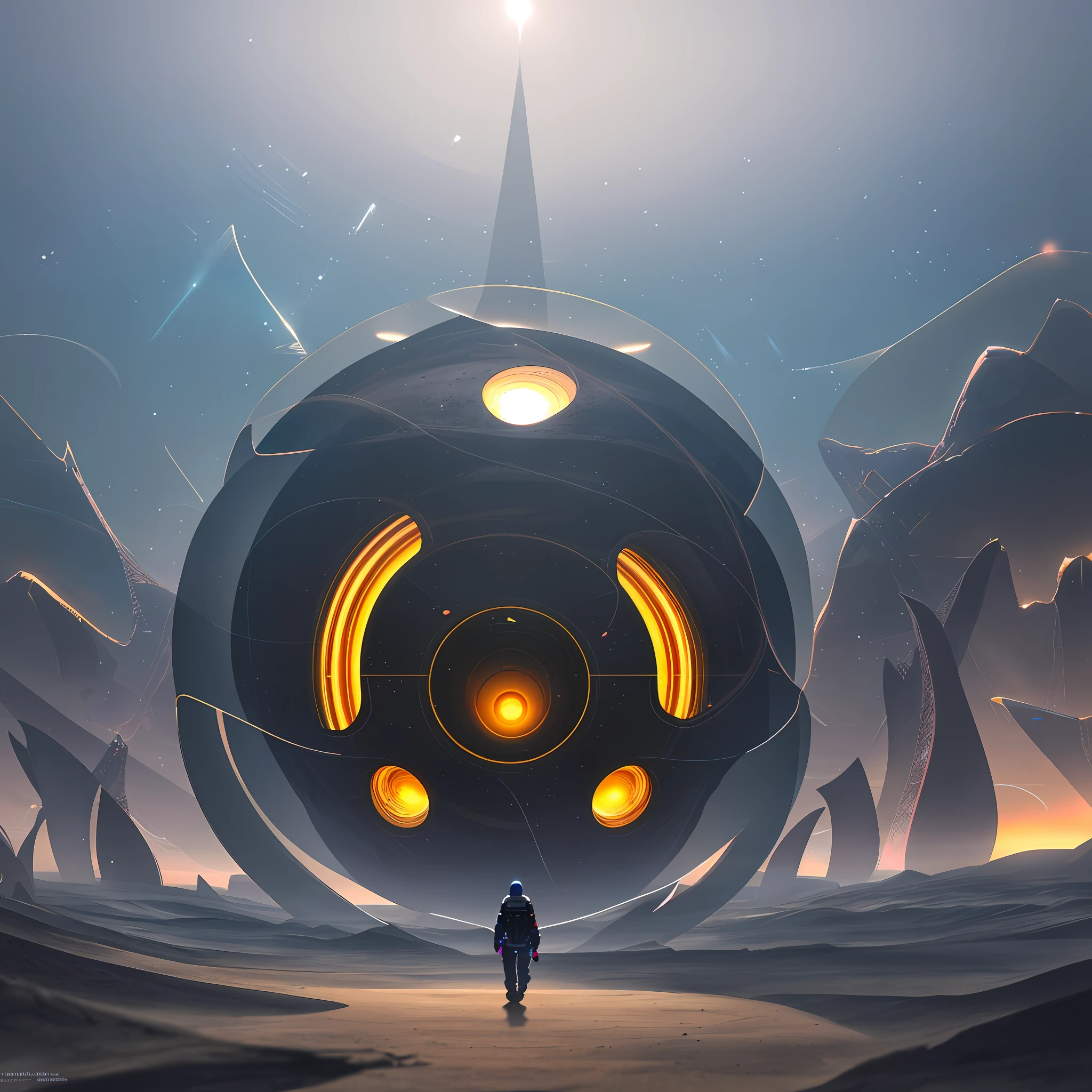 ultra detailed mysterious world, panoramic view of a dry desert with futuristic buildings full of neon lights, the background is a view of the galaxy with some round planets and lots of stars, 32k resolution, best quality, artgerm, wlop,, best quality, high quality, highres, detail enhancement, 8k, hdr, sharp focus, ultra detailed, perfect lighting