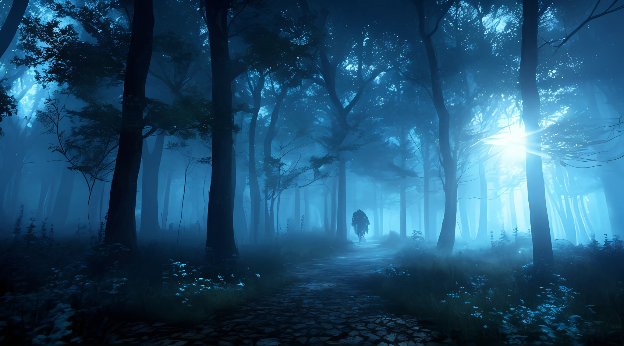 Necromancer in the dark,blue eyes,photorealism,ultra realistic cinematic weather, Ray traced, dark forest