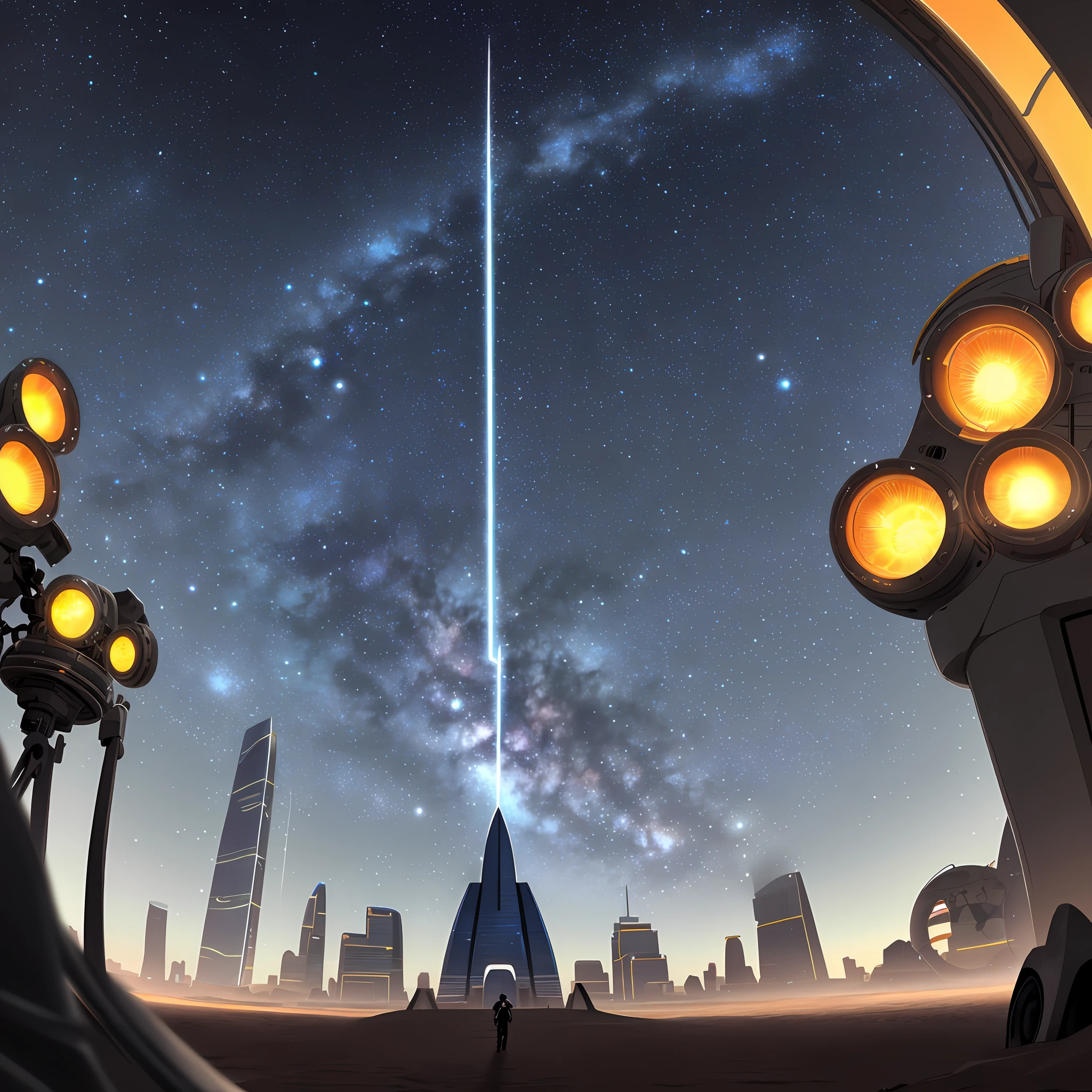 ultra detailed mysterious world, panoramic view of a dry desert with futuristic buildings full of neon lights, the background is a view of the galaxy with some round planets and lots of stars, 32k resolution, best quality, artgerm, wlop,, best quality, high quality, highres, detail enhancement, 8k, hdr, sharp focus, ultra detailed, perfect lighting