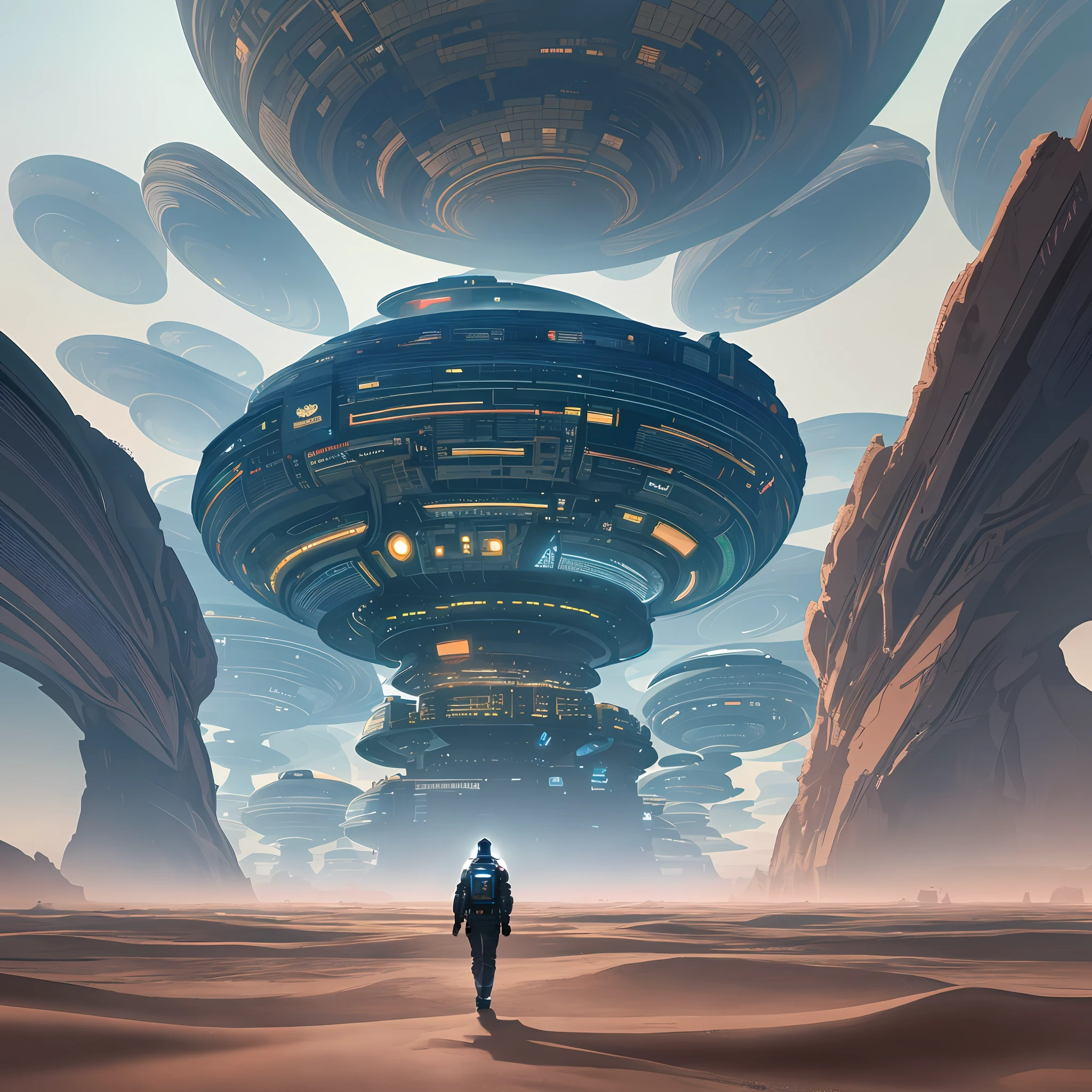 ultra detailed mysterious world, panoramic view of a dry desert with futuristic buildings full of neon lights, the background is a view of the galaxy with some round planets and lots of stars, 32k resolution, best quality, artgerm, wlop,, best quality, high quality, highres, detail enhancement, 8k, hdr, sharp focus, ultra detailed, perfect lighting