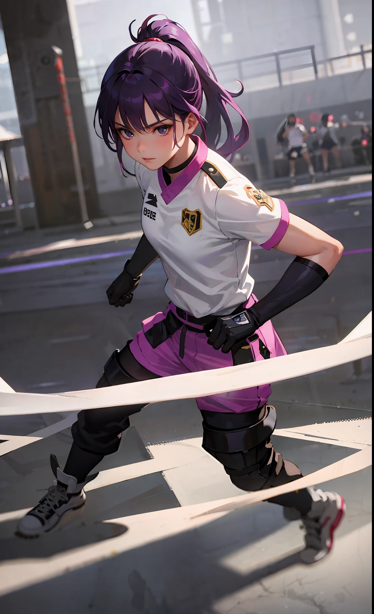 Young, strong, feminine, beautiful, 8k, super realistic, extremely detailed, masterpiece, black eyes, purple hair, small ponytail, fighter uniform, gloves, warrior, confident, clenched fists, combat pose, white aura, fighting tournament, audience watching