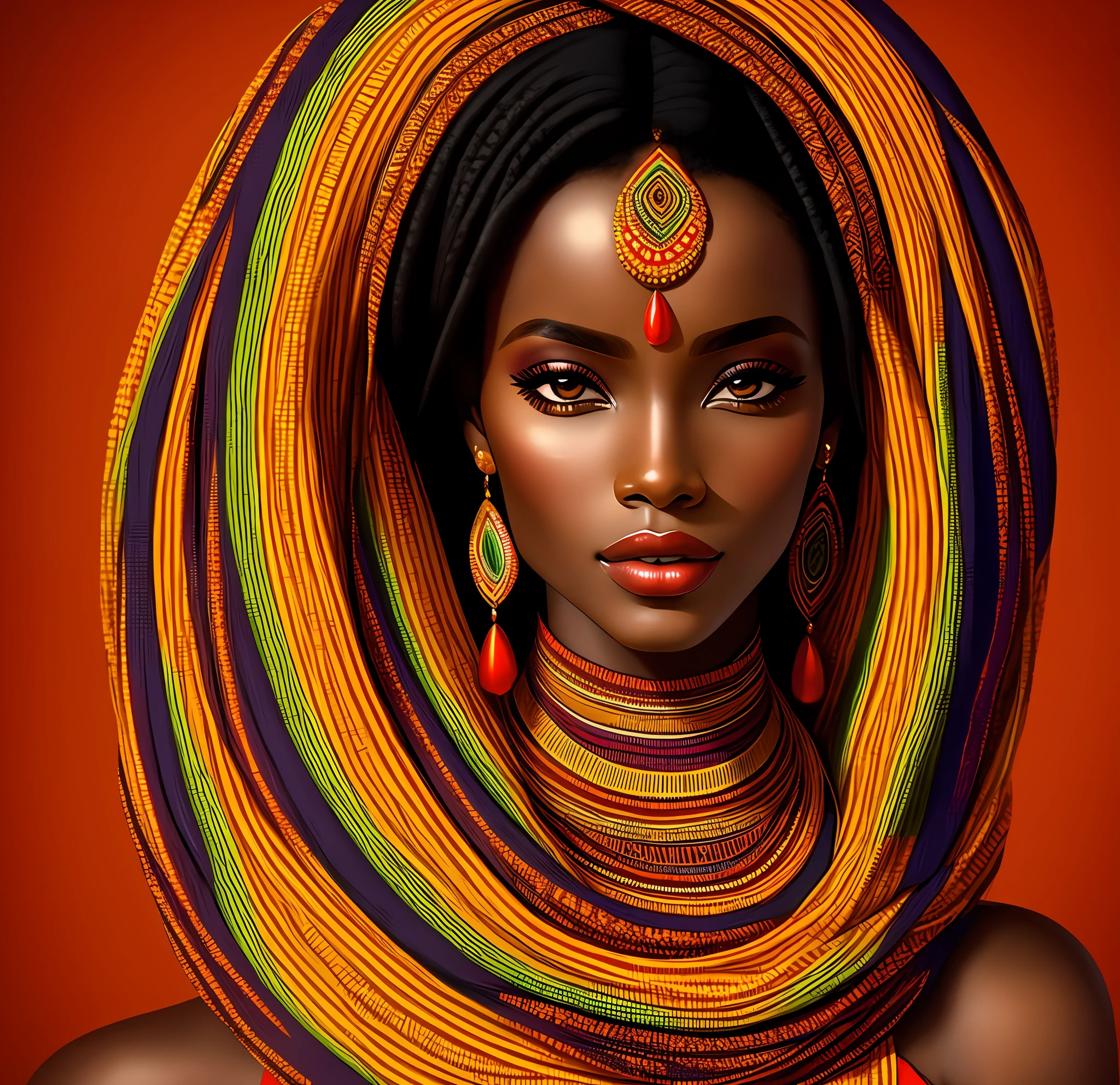 African woman, detailed skin, 1girl, very beautiful, model, professional photography, intero body, eye contact, realistic, African cloth, traditional african patterns and fabrics, african colors, dark and warm colors, wallpaper, each line detailed, vector art, sharp focus, (HDR), (8k), (gigapixel), ((masterpiece))