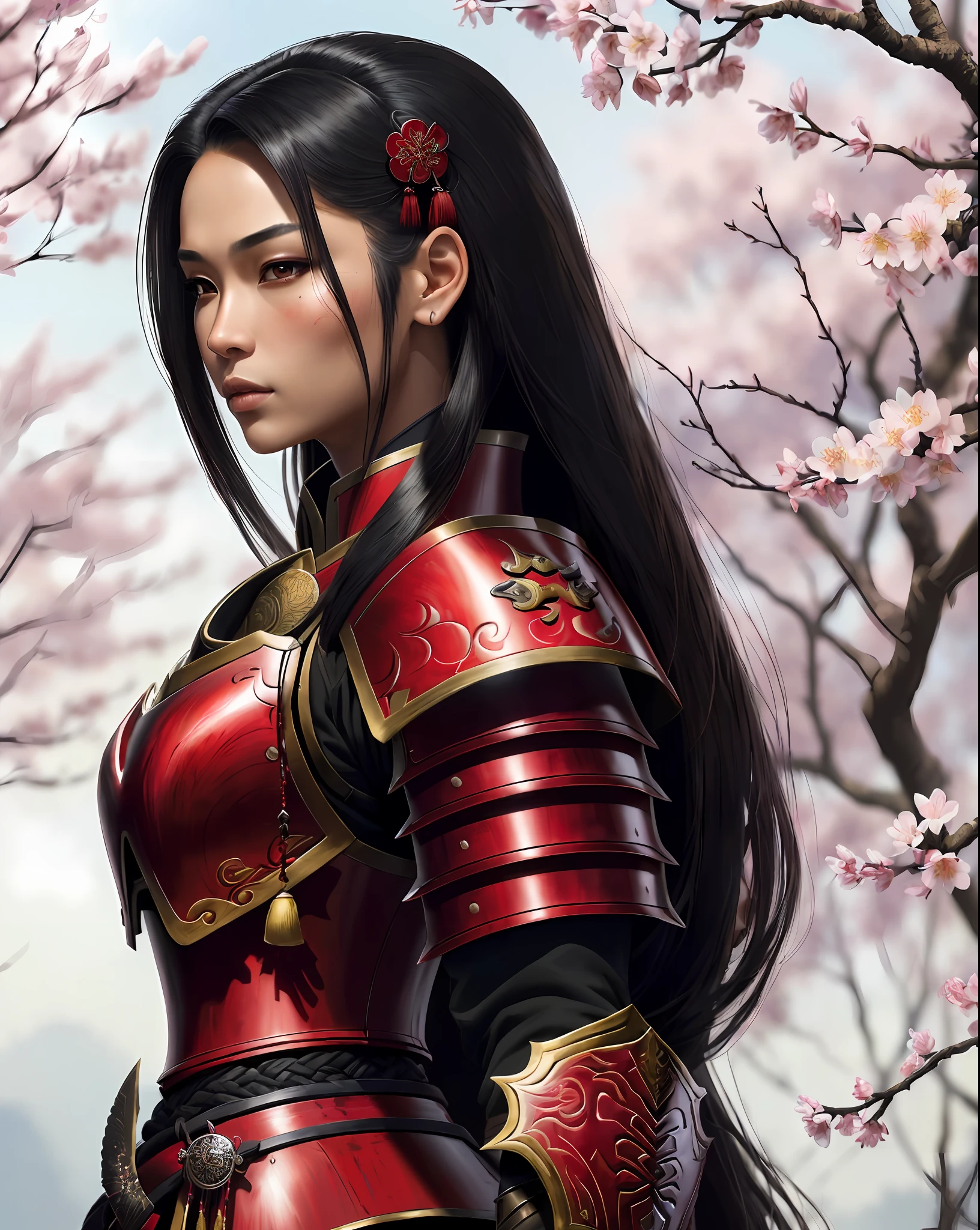 ((8k portrait of beautiful mixed asian female, side profile, masterpice, sidelighting)), long hair, detailed light samurai armor, ((blood red armor, black inner)), cinematic lighting, cherry blossoms, ash, melancholic, award winning photography, Popular on Deviant Art, Best of ArtStation, by WLOP, outdoor, oriental lighting