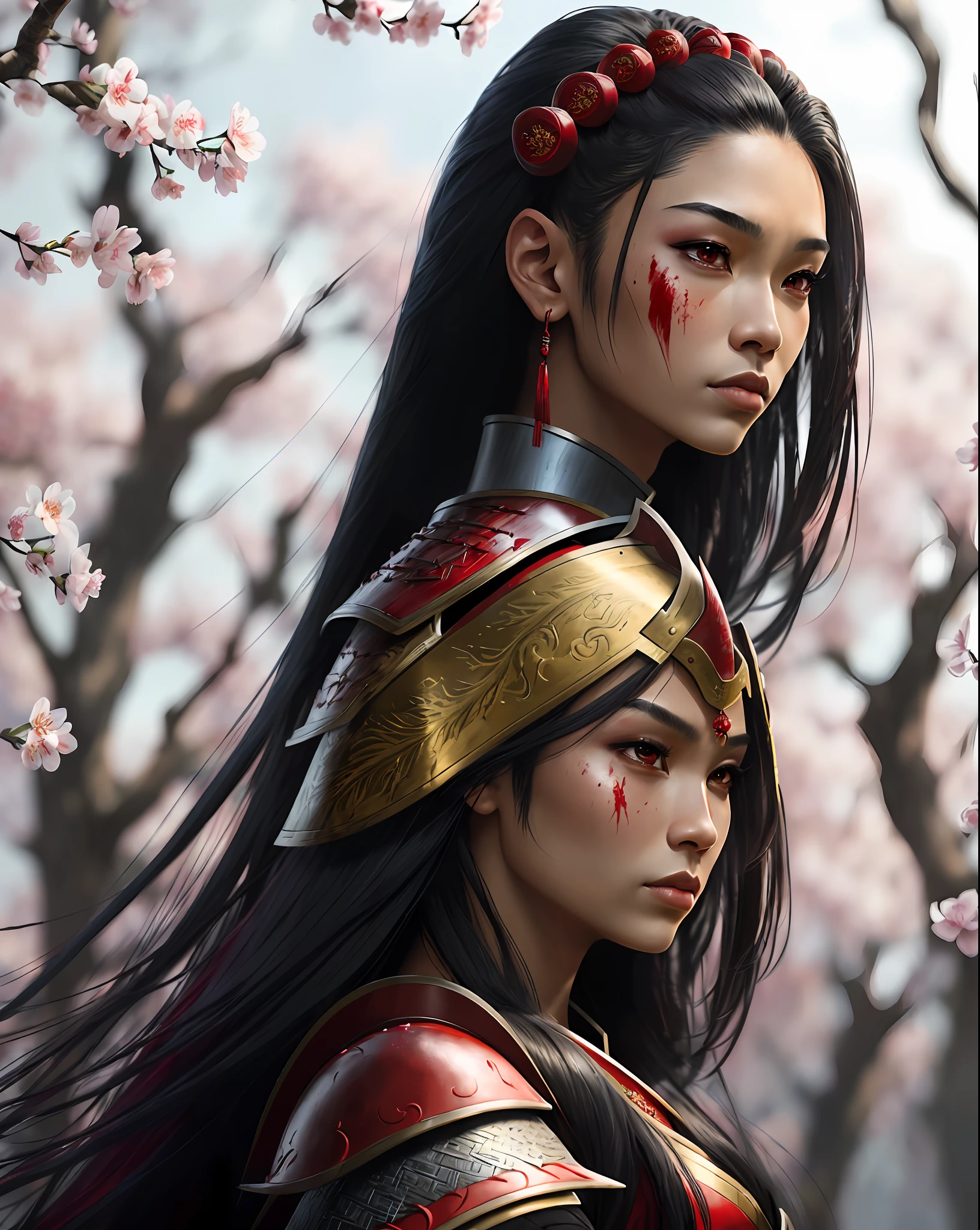 ((8k portrait of beautiful mixed Asian woman, side profile, masterpice, side lighting)), long hair, detailed light samurai armor, ((blood red armor, black interior)), cinematic lighting, cherry blossoms, ashes, melancholy, award-winning photography, Popular on Deviant Art, Best of ArtStation, by WLOP, outdoor, oriental lighting spear in hands