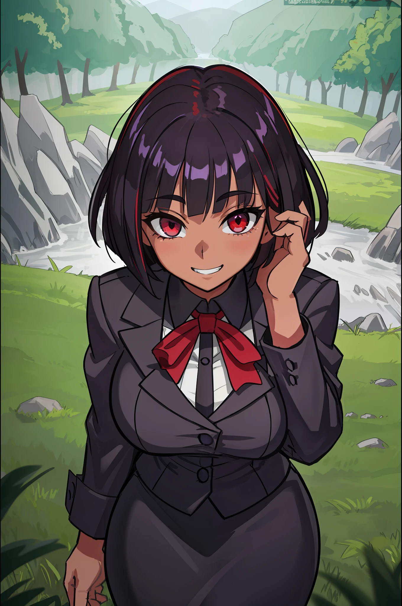 8k, portrait, best quality, ultra high res, photorealistic, cinematic lighting, depth of field, lens flare, masterpiece, extremely detailed girl, sharp focus, 1girl, solo, dark skin, office lady, black and white clothes, grin, huge breasts, wide hips, curvy, beautiful detailed eyes, red eyes, shiny hair, (short hair:1.5), purple hair, grass landscape