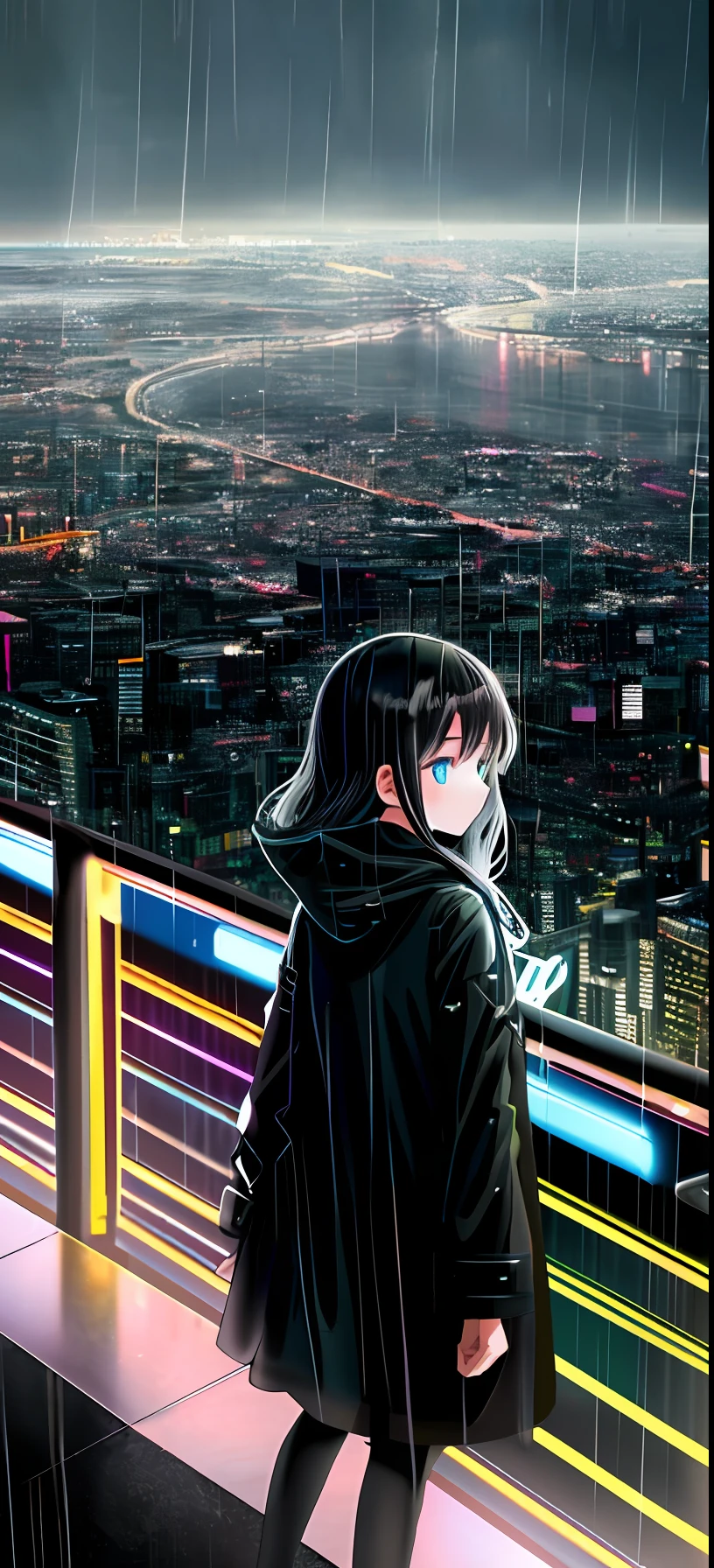 Girl in black raincoat on the edge of a cliff looking at neon city, rain