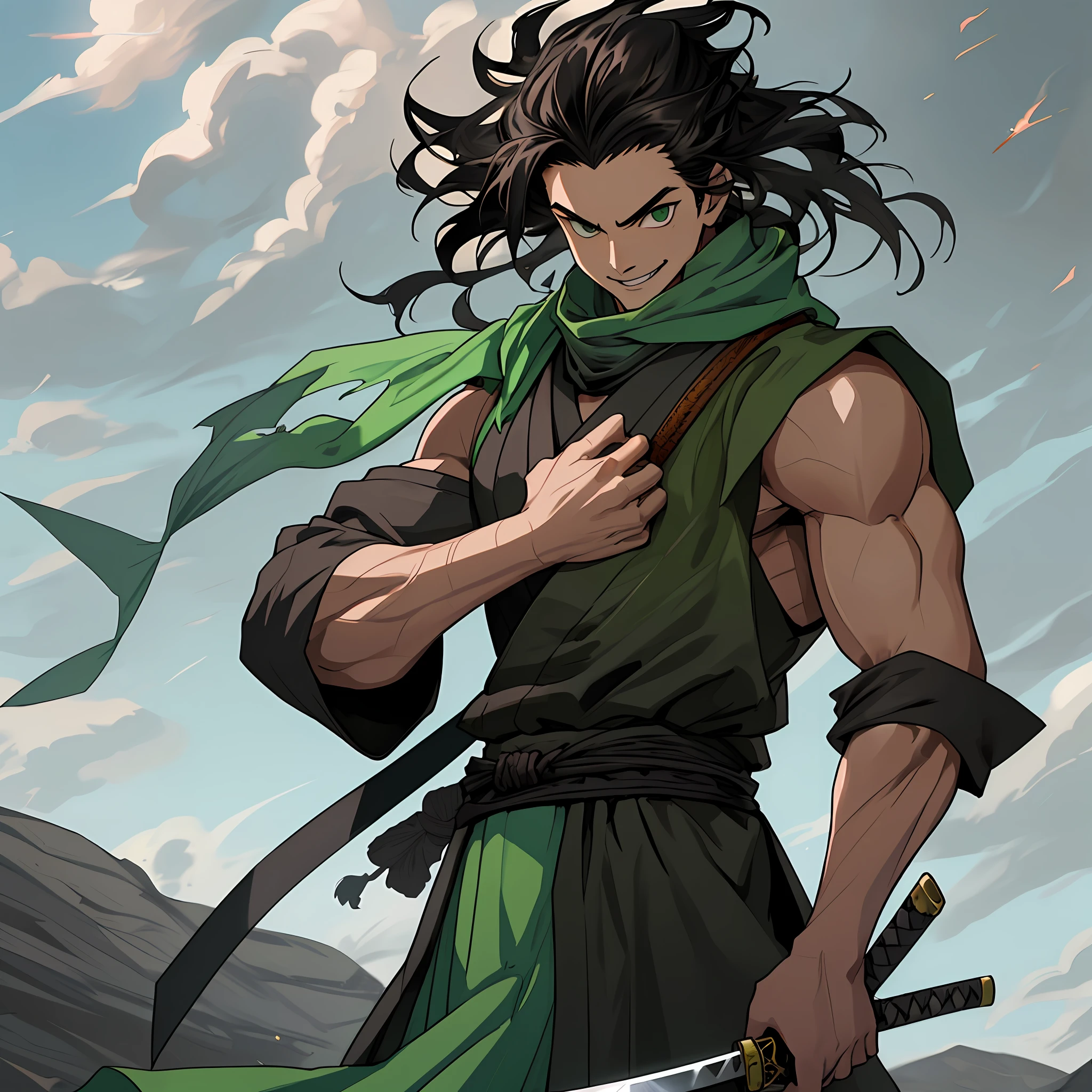 ((best quality)), ((ultradetailed)), ((masterpiece)), best quality (katana: 1.4), serious,(at night: 1.4), a -yeld whas his hair in black, long that is loose in the wind, his hair is continuous and poured down his body, smooth and shiny, which falls gently to the waist. Your hair is thick and has a healthy appearance, your hair is large and not stuck, contrasting with your fair skin. The young man's eyes are emerald green, and are deep, expressive, and intense like two clear pearls. They reflect calm and an inquisitive curiosity. He has a big smile on his face and a watchful eye. With his upright posture, the young man shows a confident bearing and a cheerful and hyperactive aura. He wears a black and green printed kimono with brown, sleeveless cloud-shaped details made of a quality fabric. giving him the look of a swordsman. At his waist, he carries a white katana with gray details on the blade. The long, sharp blade is made of polished steel, reflecting light. The scabbard of the sword adorned with demonic symbols. He's on a rocky mountain feeling the wind. He has a cheerful face. He has a large torn brown scarf around his neck. The trees sway in the background. Kimetsu no Yaiba style, alone, 1boy, demon slayer style, loose hair, petulant look, smiling, confident, only 1, spilled hair, loose and big hair, demon slayer artstyle