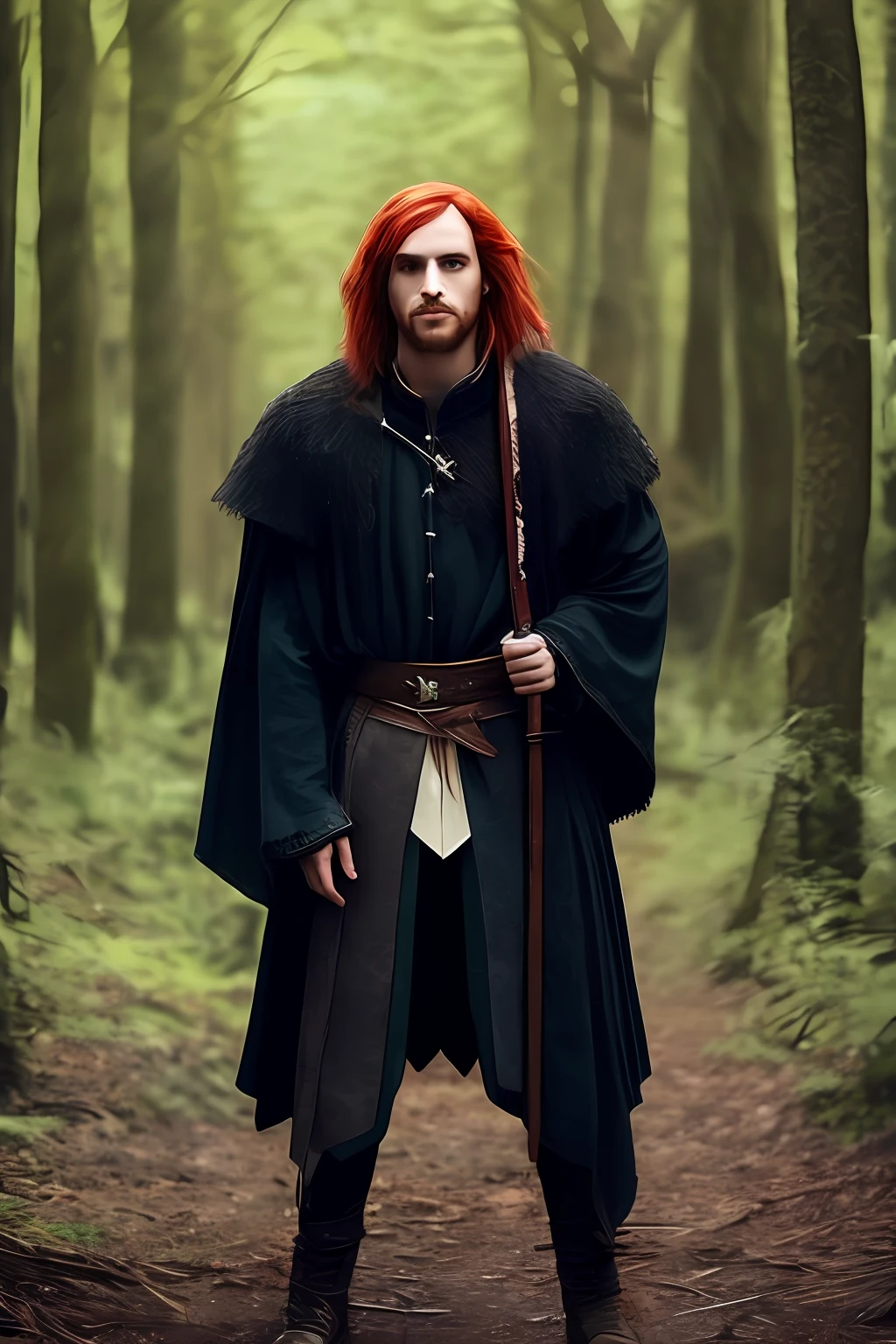 Man with red hair, white eyes, black medieval clothes walking in a dark forest (highest quality