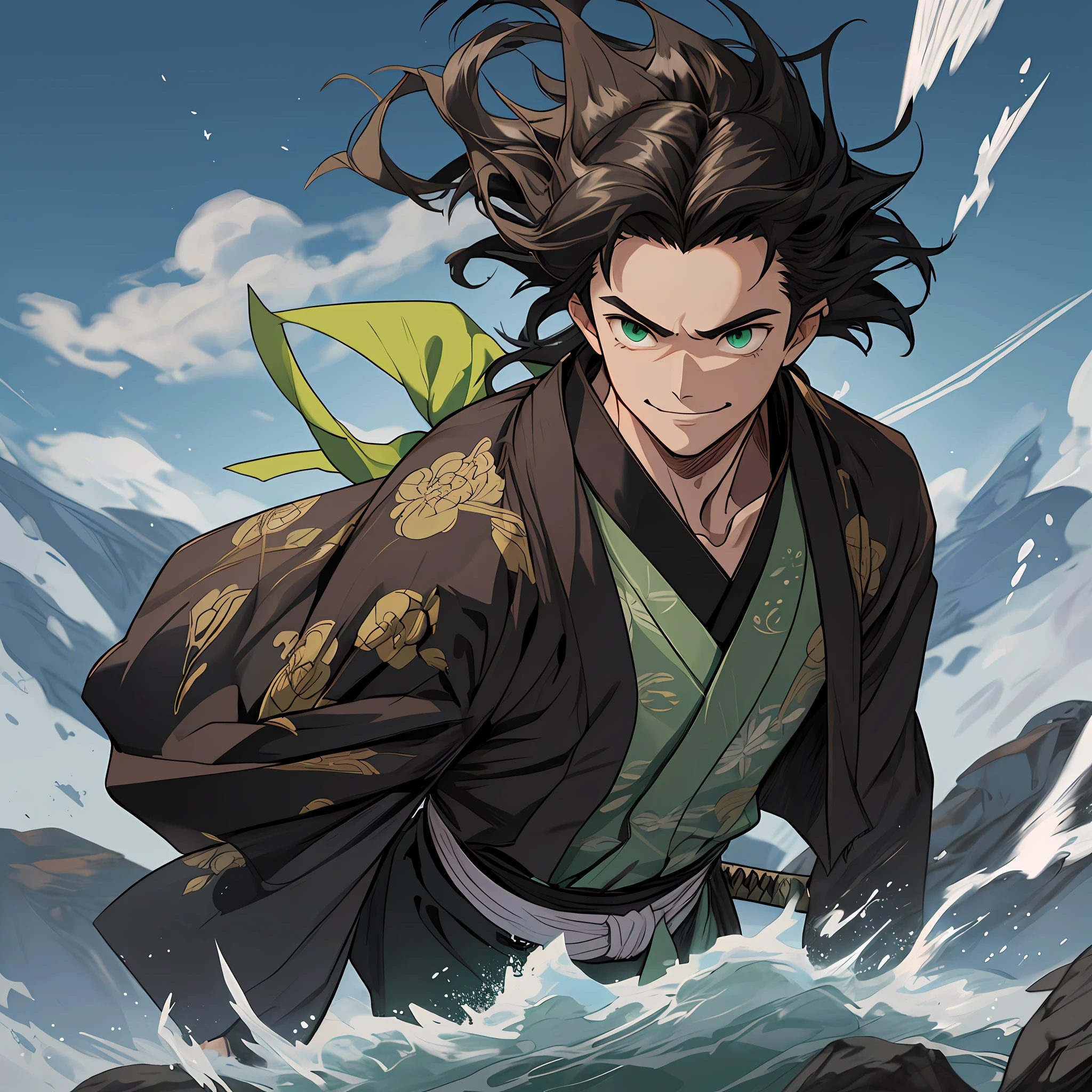 ((best quality)), ((ultradetailed)), ((masterpiece)), best quality (katana: 1.4), serious,(at night: 1.4), a -yeld whas his hair in black, long that is loose in the wind, his hair is continuous and poured down his body, smooth and shiny, which falls gently to the waist. Your hair is thick and has a healthy appearance, your hair is large and not stuck, contrasting with your fair skin. The young man's eyes are emerald green, and are deep, expressive, and intense like two clear pearls. They reflect calm and an inquisitive curiosity. He has a big smile on his face and a watchful eye. With his upright posture, the young man shows a confident bearing and a cheerful and hyperactive aura. He wears a black and green printed kimono with brown, sleeveless cloud-shaped details made of a quality fabric. giving him the look of a swordsman. At his waist, he carries a white katana with gray details on the blade. The long, sharp blade is made of polished steel, reflecting light. The scabbard of the sword adorned with demonic symbols. He's on a rocky mountain feeling the wind. He has a cheerful face. He has a large torn brown scarf around his neck. The trees sway in the background. Kimetsu no Yaiba style, alone, 1boy, demon slayer style, loose hair, petulant look, smiling, confident, only 1, spilled hair, loose and big hair, demon slayer artstyle
