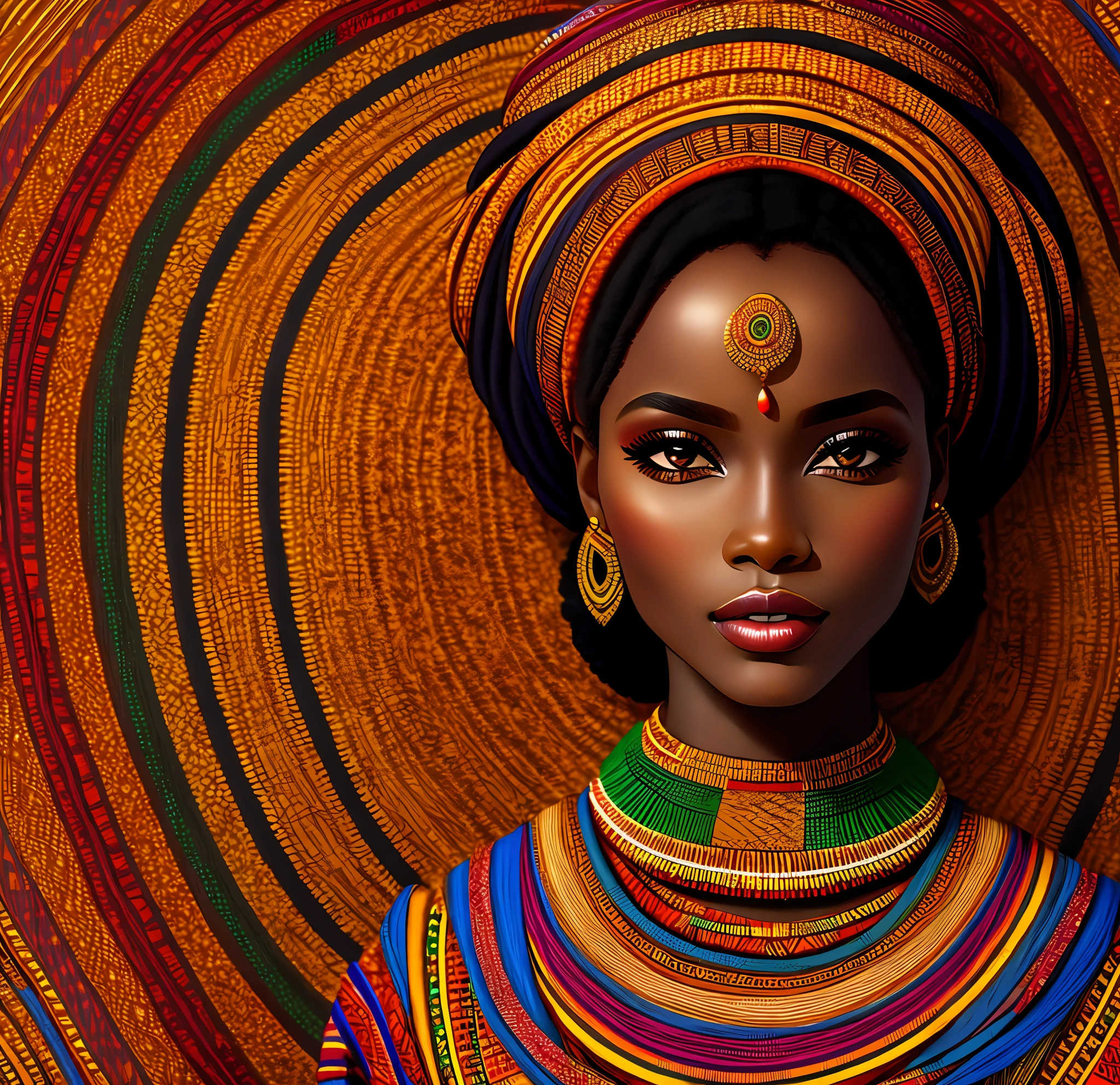 African woman, detailed skin, 1girl, very beautiful, model, professional photography, intero body 3:3, eye contact, realistic, African cloth, traditional african patterns and fabrics, african colors, dark and warm colors, wallpaper, each line detailed, vector art, sharp focus, (HDR), (8k), (gigapixel), ((masterpiece))