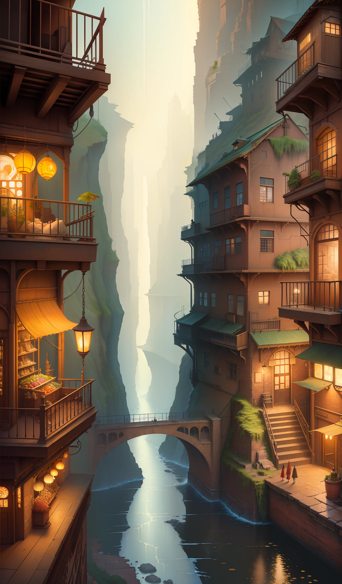 ((masterpiece)),((best quality)),((high detial)),((realistic,)) Industrial age city, deep canyons in the middle, architectural streets, bazaars, Bridges, rainy days, steampunk, European architecture